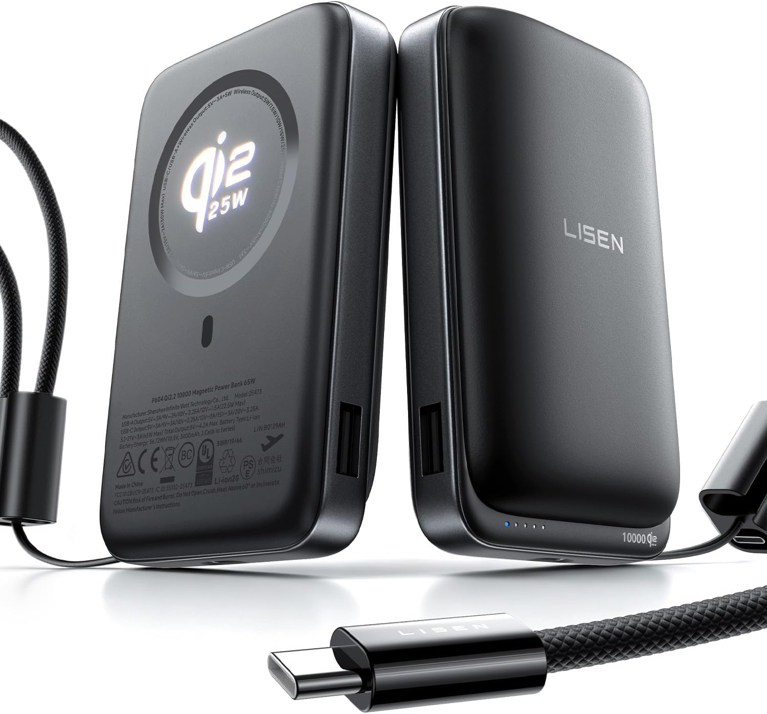 (-37%) LISEN Qi2.2 25W MagSafe Powerbank, 10000mAh 45W PD Schnellladen, Laptop Powerbank für MacBook Air & USB-C Laptops, Flugzulassung, Zylindrische Zellen, Abnehmbares USB-C Kabel, iPhone 17 Pro Max/16/15