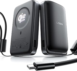 LISEN Powerbank laptop 10000 mAh 65 W PD, Qi2.2 25 W MagSafe, laptop Powerbank do MacBook Air i laptopów USB-C, dopuszczenie do lotu, ogniwa cylindryczne, zdejmowany kabel USB-C, iPhone 17 Pro Max/16
