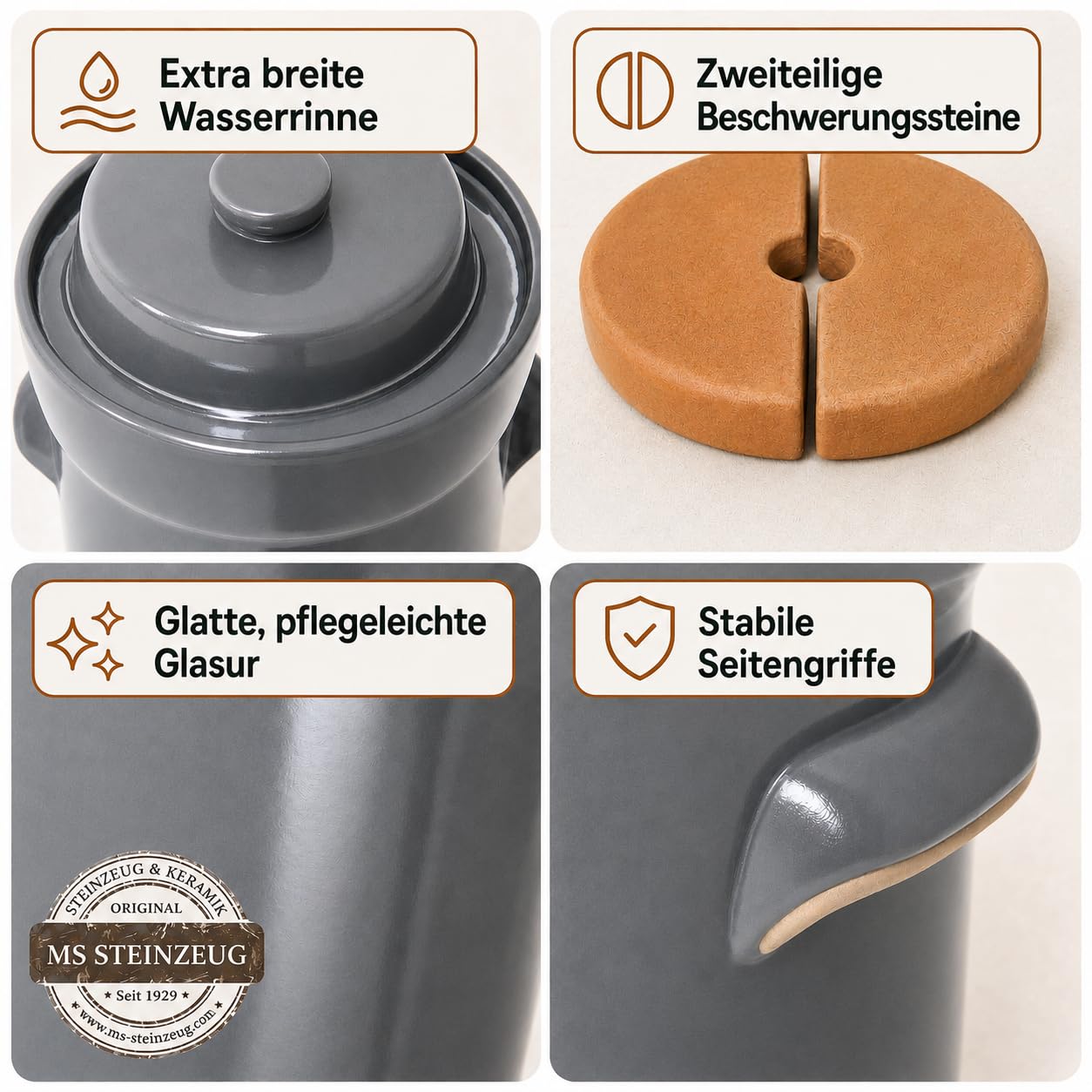 Gärtopf 3 L, Grau, Sauerkrauttopf mit Beschwerungssteinen