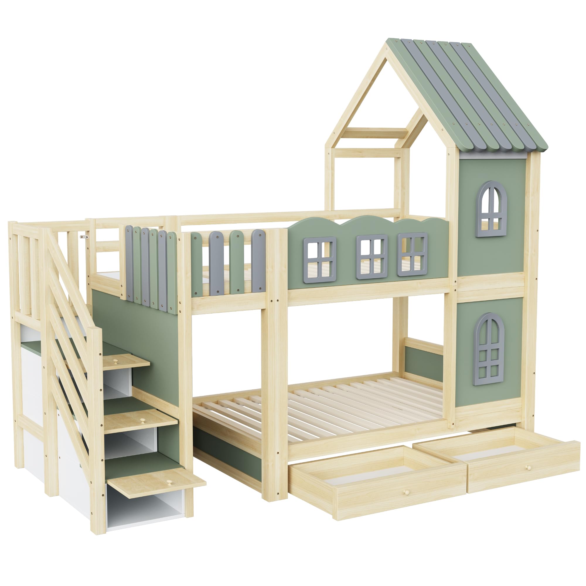 Letto Casetta per Bambini Ragazzi 90x200cm con Scaletta Contenitore, Mensole e Cassetti, Tetto con finestre, Letto a Castello Matrimoniale con Rete a Doghe (Verde) Senza Materasso