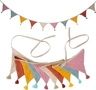 Banderines de tela, paquete de 2 pancartas de cuerda neutra hechas a mano con borla cada una de 8.5 pies, 10 banderas para colgar en la pared del cuarto del bebé, boda, cumpleaños, hogar, baby shower,