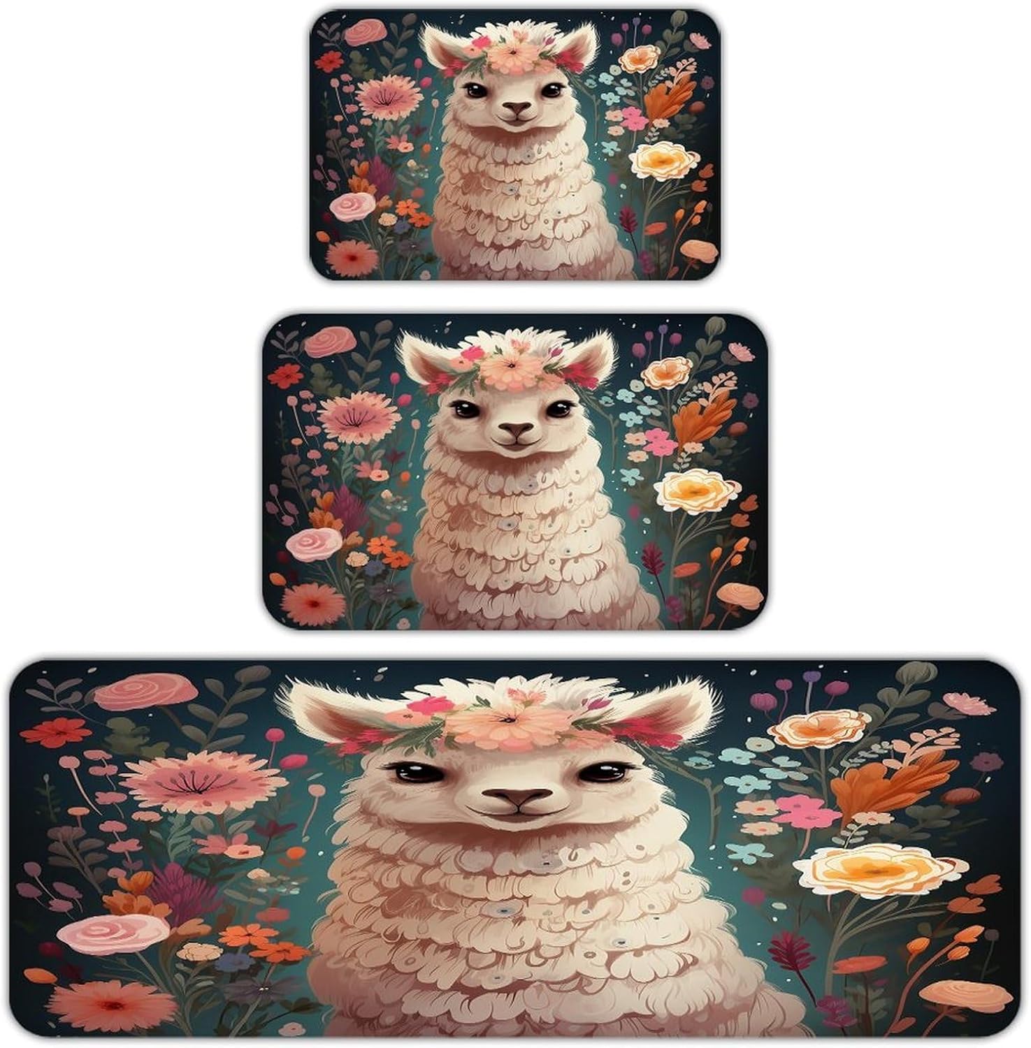 Flower Alpaca Kitchen Mat Set of 3 Waterproof Floor Mats Non-Slip Kitchen Rugs Premium Flannel Rug Heavy Duty Standing Mat for Kitchen Home Bathroom Laundry