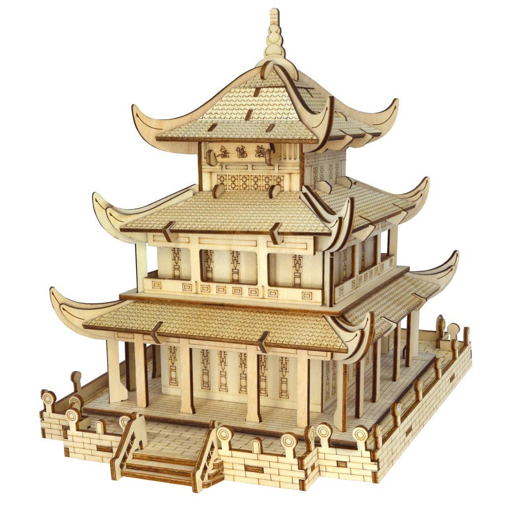 125PCS Wooden Puzzle Toy Yueyang Tower 3D Architectural Model Adults and Kids Three-dimensional Puzzle Laser Cutting Jigsaw Perfect Decoration Gift