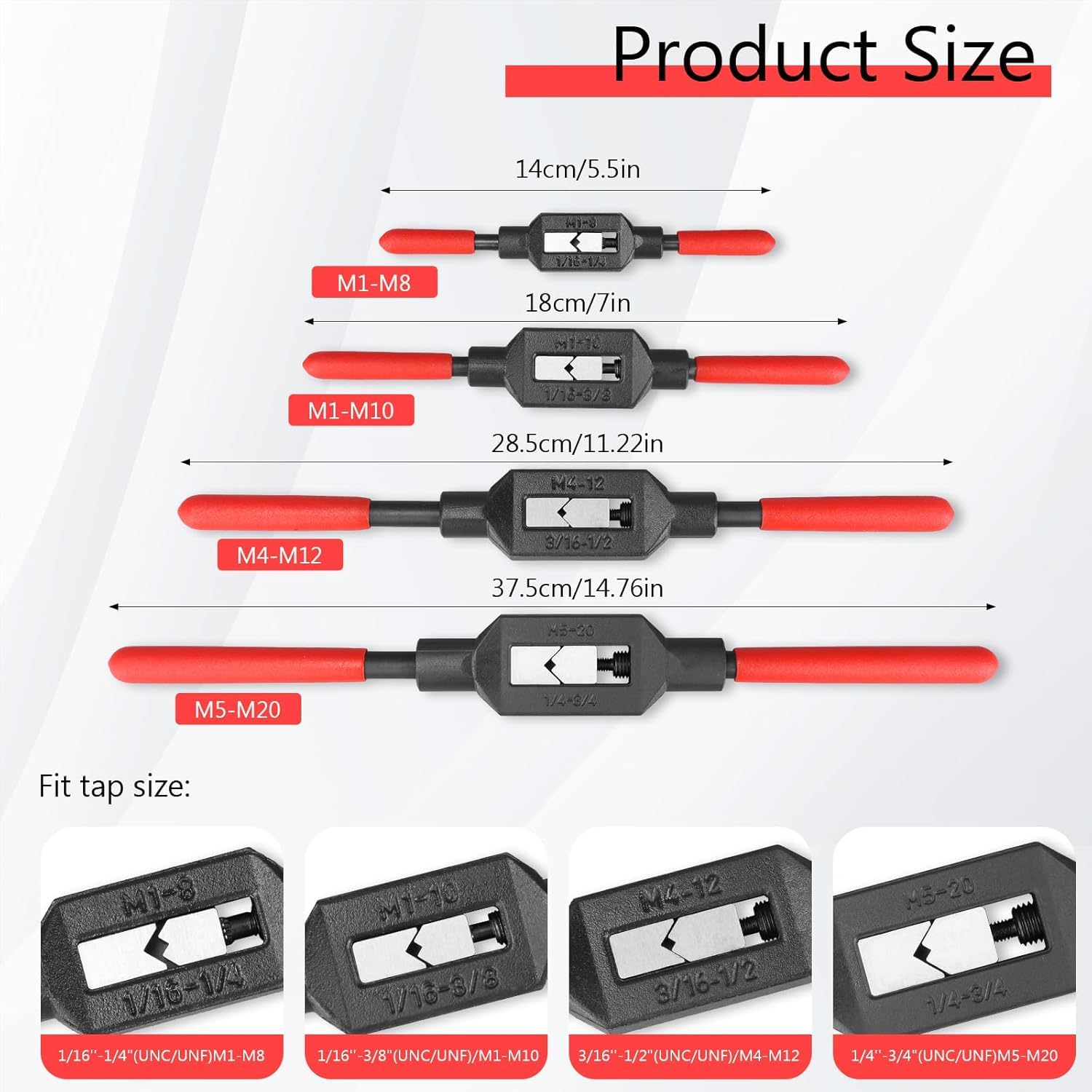 Lot de 4 Clés à Taraud Réglables, Porte-Tarauds avec Poignée Antidérapante en Plastique, Ensemble d’Outils pour Taraudage et Alésage Manuel, Compatible avec Tarauds UNC UNF Métriques de 1/16'' à 3/4''