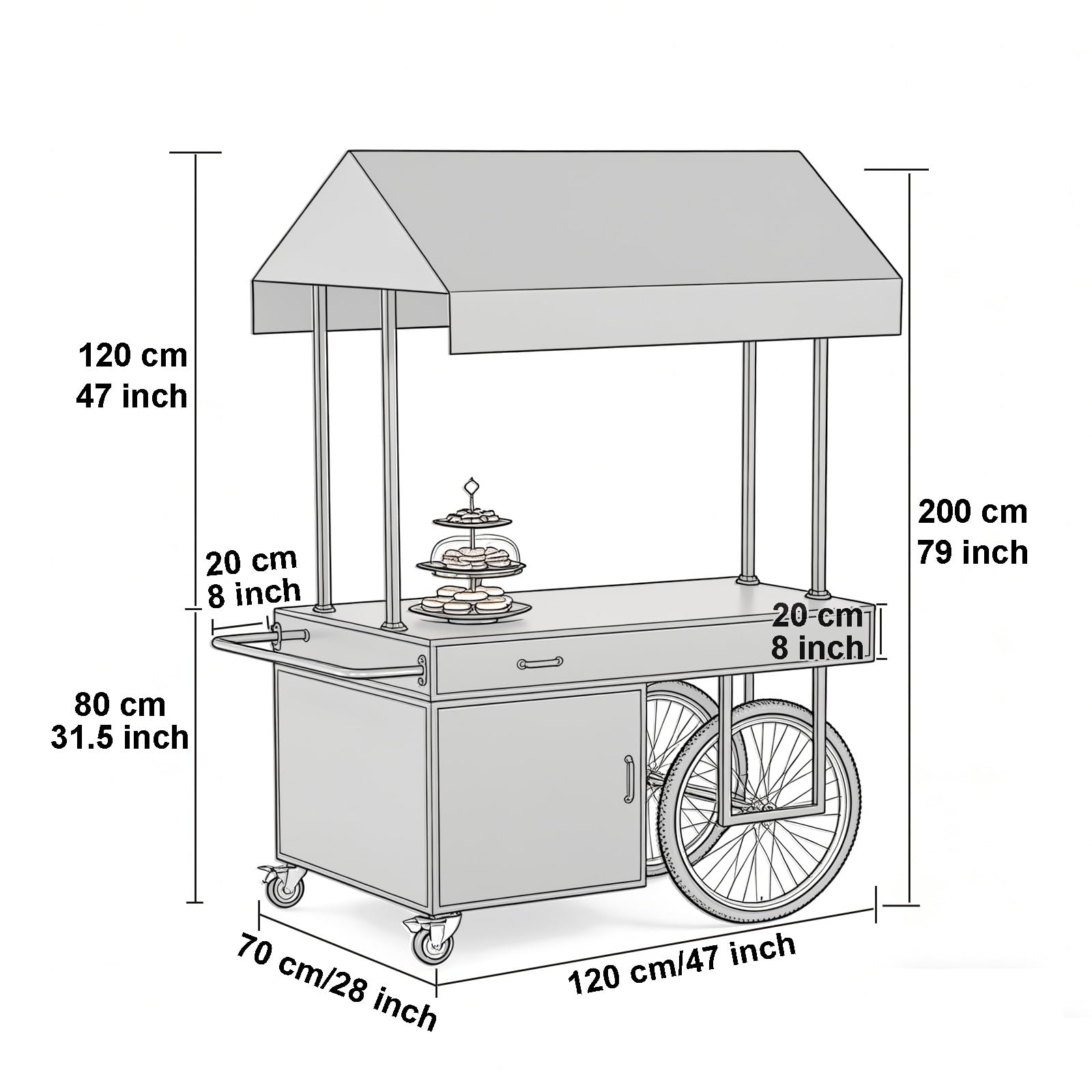 Gtzly Mobiler Lebensmittelverkaufswagen mit Verdeck, Tragbarer Blumenwagen, Eis- und Limonadenstand, Marktstand und Verkaufsstand für Hochzeiten und Märkte(White,55in/140cm)