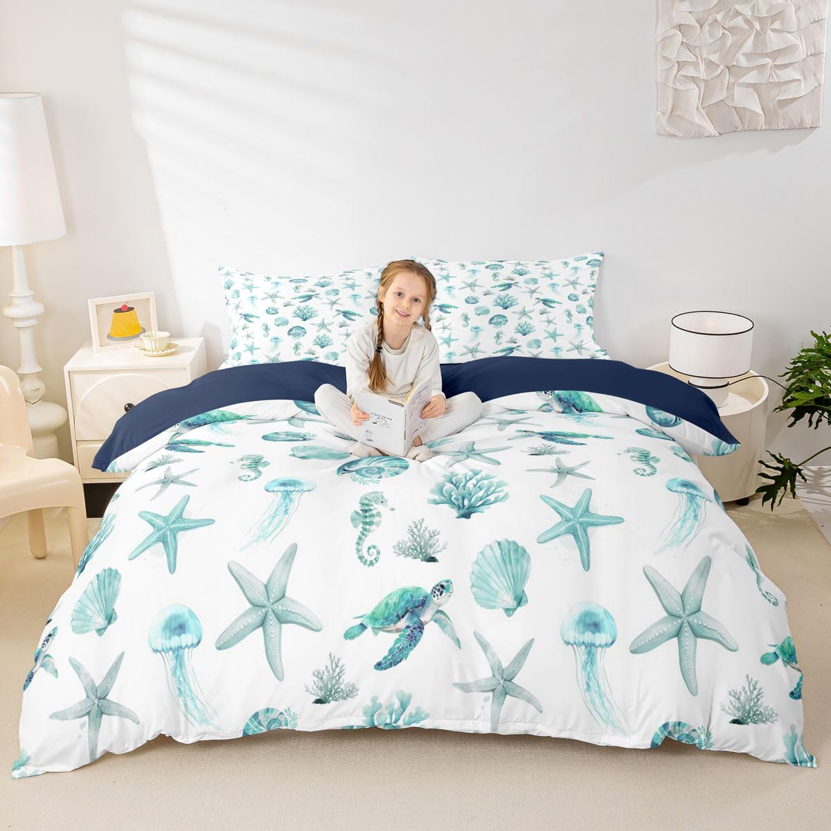 Homewish Set di biancheria da letto per letto super king size con stelle marine, conchiglie e trutoli, decorazione a tema creatura marina, per adulti, adolescenti, donne, foglia di tè, oceano, scena