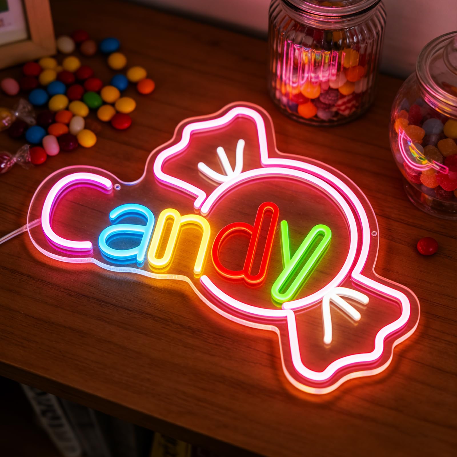 Candy Neon Sign for Wall Decor Dimmable LED Candy Bar Neon Light USB Powered Light Up Business Sign for Candy Shop Snack Lollipop Store Home Party Decoration Teen Birthday Gift (5V 13.78*10.63 Inch)