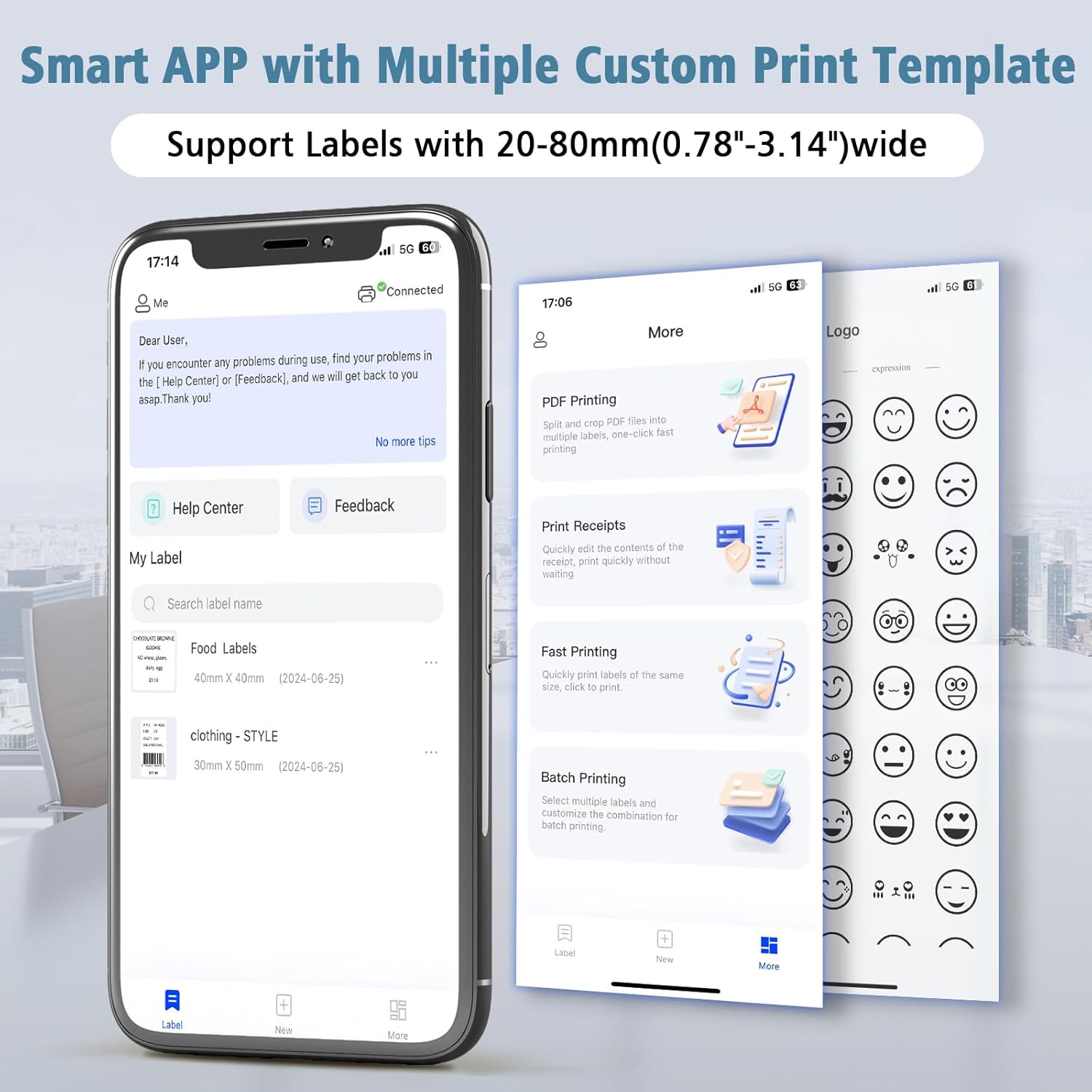 Screenshots of the 'clabel trade' app interface showing options for PDF printing, receipt printing, fast printing, and batch printing
