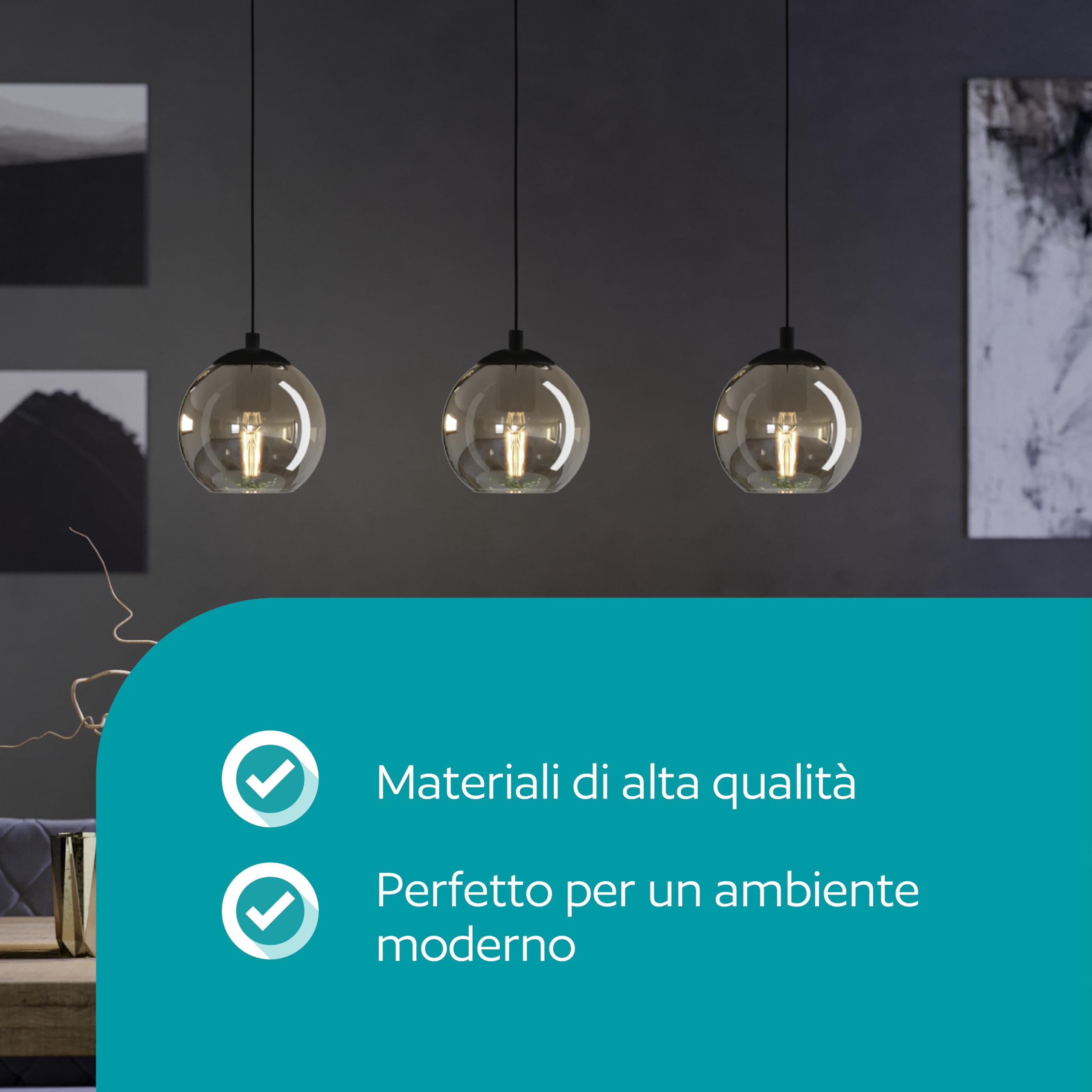 Eglo lampada a sospensione Ariscani, luce a grappolo con 3 luci da sala | da pranzo, metallo in nero e vetro fumo in nero-trasparente, illuminazione da tavolo a sospensione, attacco E27, 76,5 cm