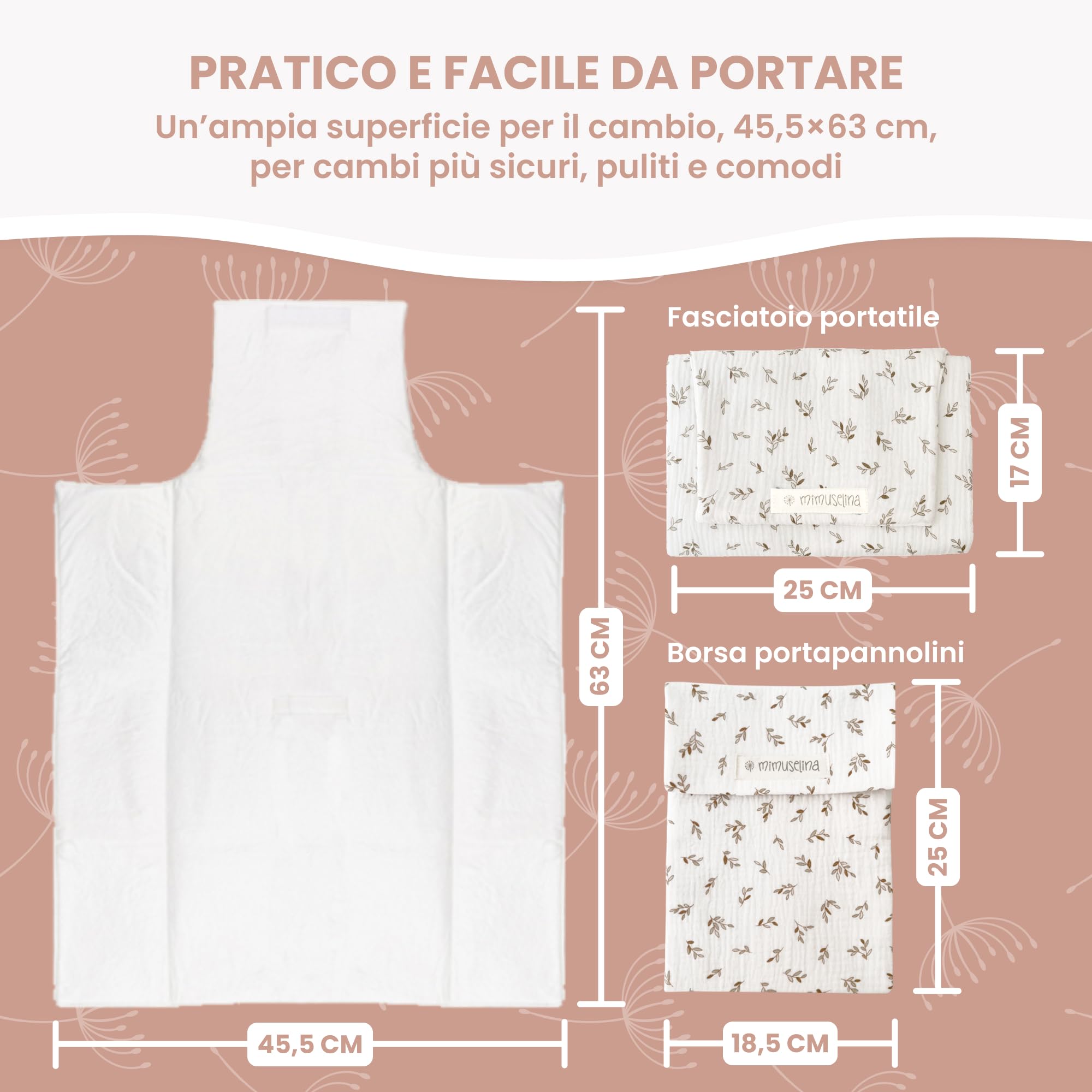 MIMUSELINA Set Fasciatoio Portatile Neonato e Borsa per Pannolini | Fasciatoio da Viaggio Pieghevole, Impermeabile e Leggero | Esterno 100% Cotone | Ideale come Regalo Neonato | Fatto a Mano in Spagna