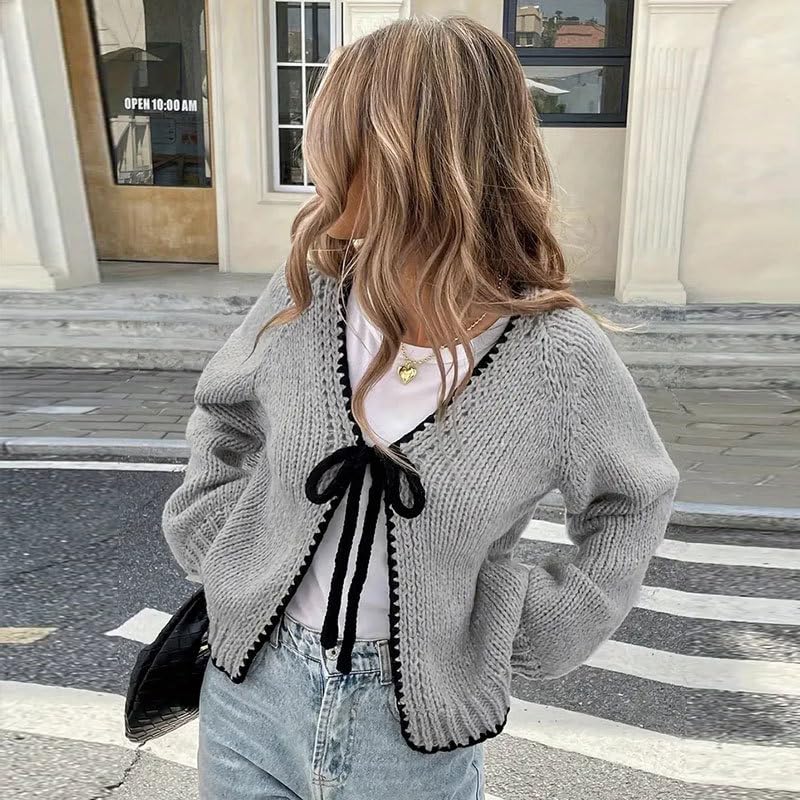 Gilet Cardigan Femme À Nouer sur Le Devant Col en V Grosse Maille Manches Longues Veste Légère en Maille Gilet Cardigan Ample et Décontracté Veste De Mi Saison Idéale pour Le Bureau et Le Quot