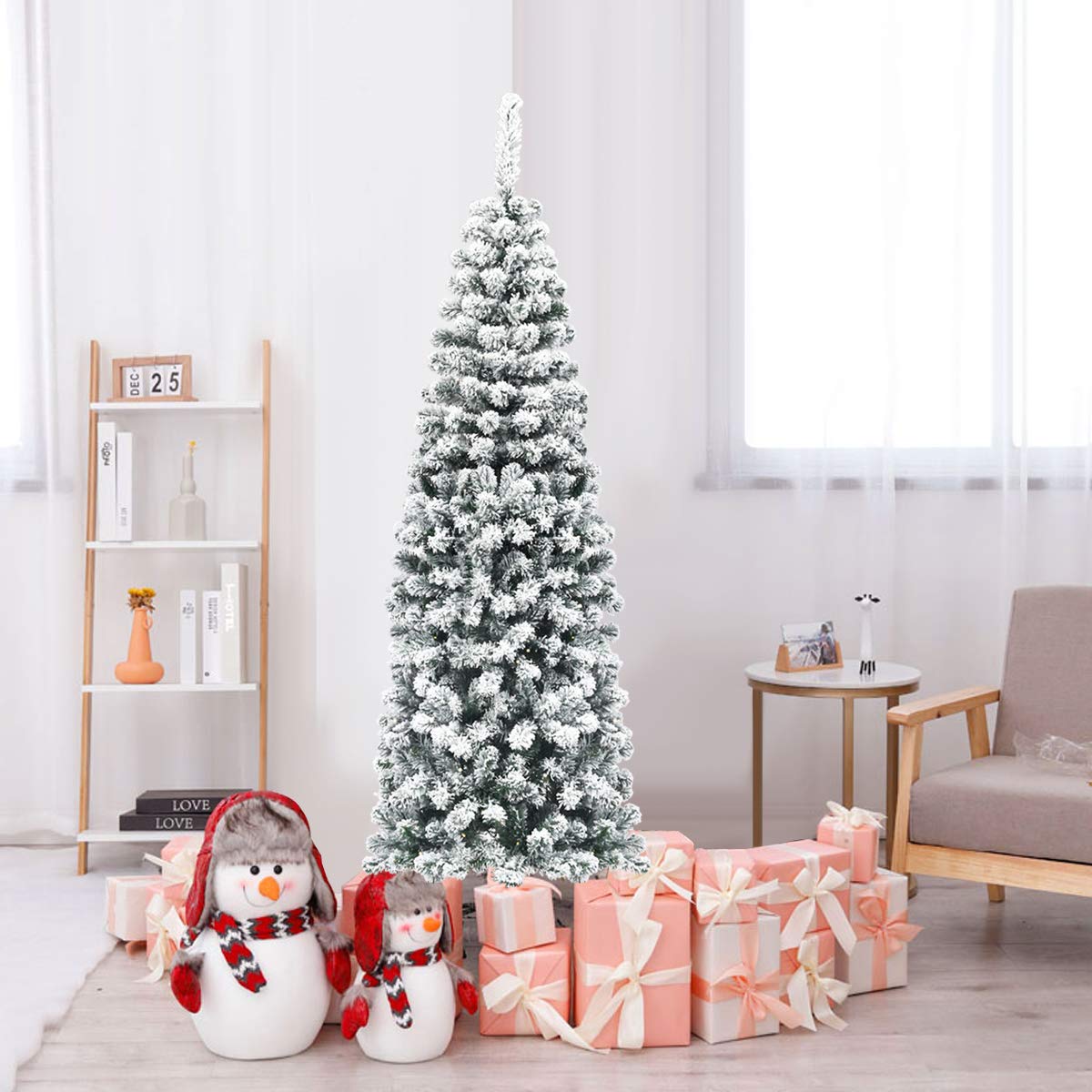 COSTWAY 180cm Árbol de Navidad Artificial Nevado, Agujas de PVC de 500 Puntas, Árbol de Navidad Slim/Estrecho, Soporte de Metal, y Decorativa Nieve para Hogar Oficina Fiesta (180 cm)