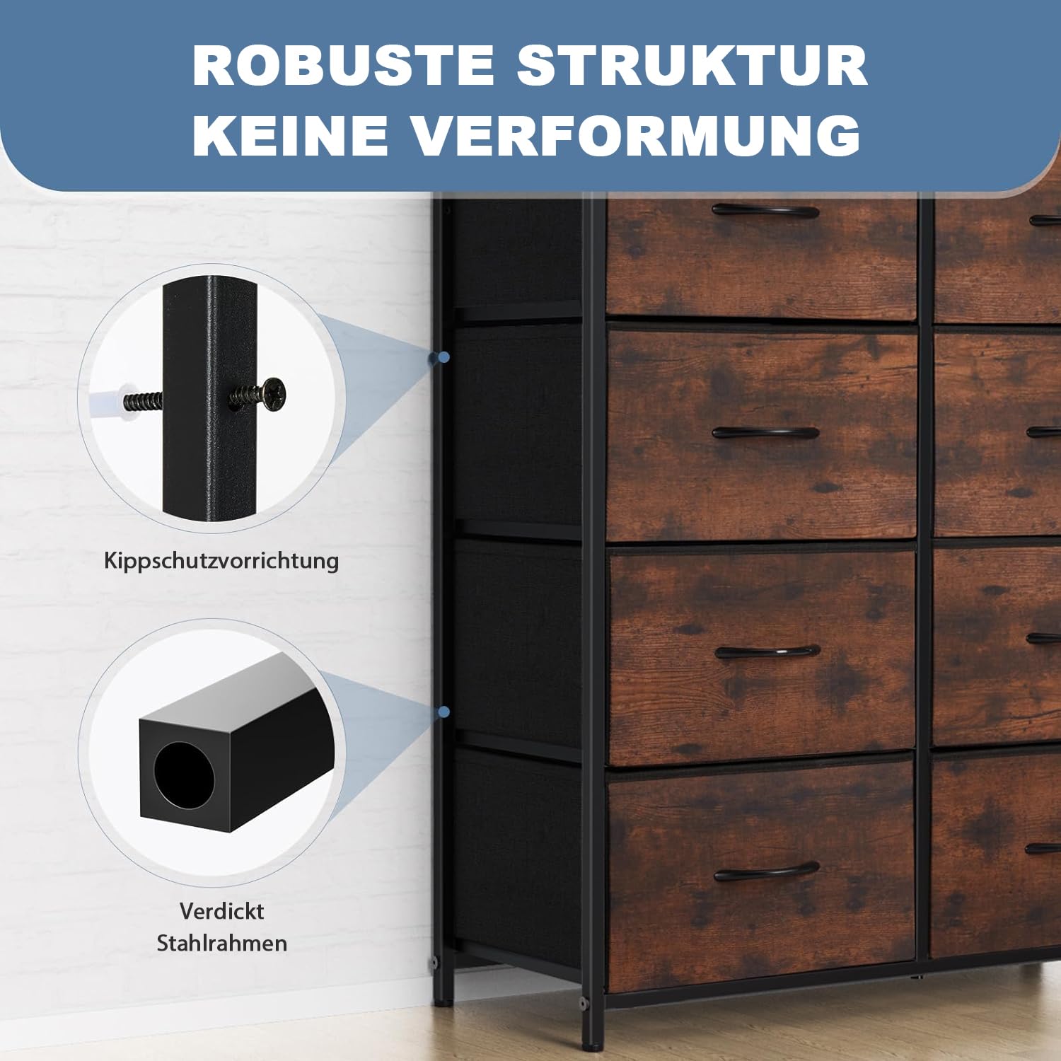 DUMOS Cassettiera per camera da letto con cassetti in tessuto, organizer alto per vestiti, armadio, cameretta dei bambini, torre portaoggetti, con telaio in metallo, pannello in legno, leggero