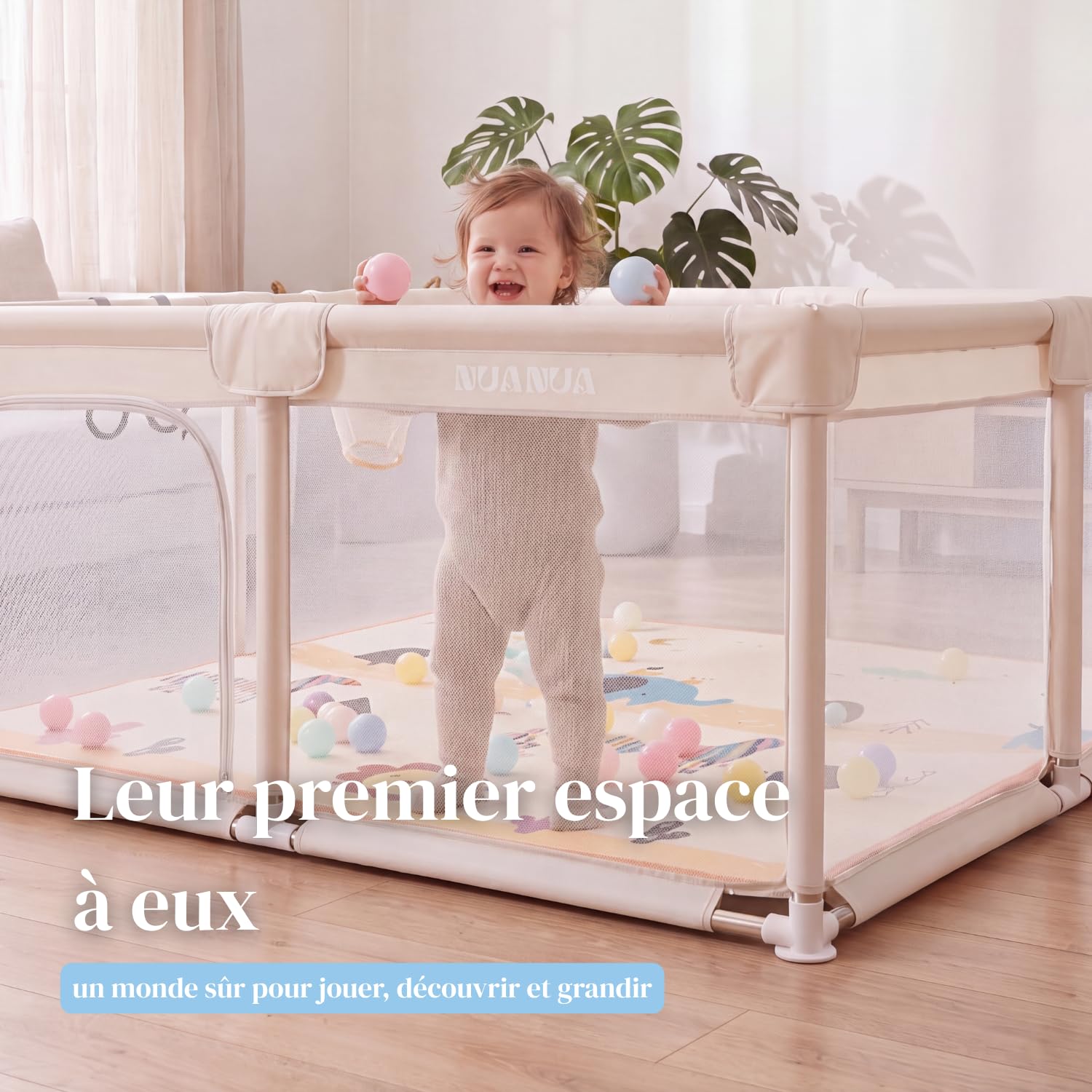 NUANUA Parc Bébé XXL 150x180 cm - Parc Enfant avec Tapis de Jeu - Beige | Démontable avec matelas, balles et panier - playpen intérieur et extérieur - barrière sécurisée avec poignées - 0-36 mois