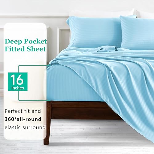 Miniatura 5 de JOOKI Juego de sábanas a rayas, tamaño matrimonial, 100% microfibra, juego de sábanas de lujo de hotel, suaves y refrescantes, sábanas de bolsillo