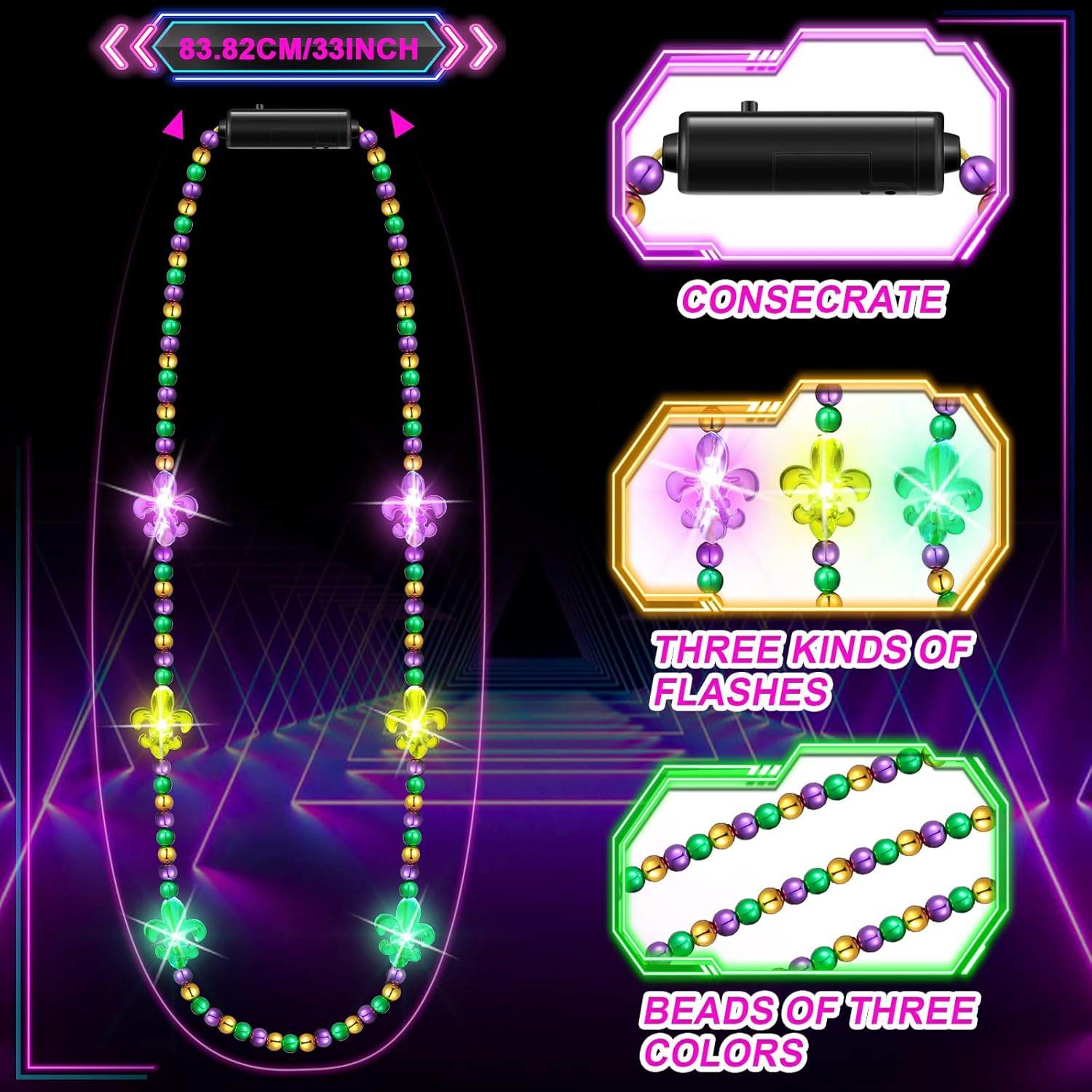 Karenhi LED Mardi Gras Beads Necklace Bulk Green Purple and Yellow Carnival Colorful Light up Bead Necklaces for Mardi Gras Accessories Party Favors