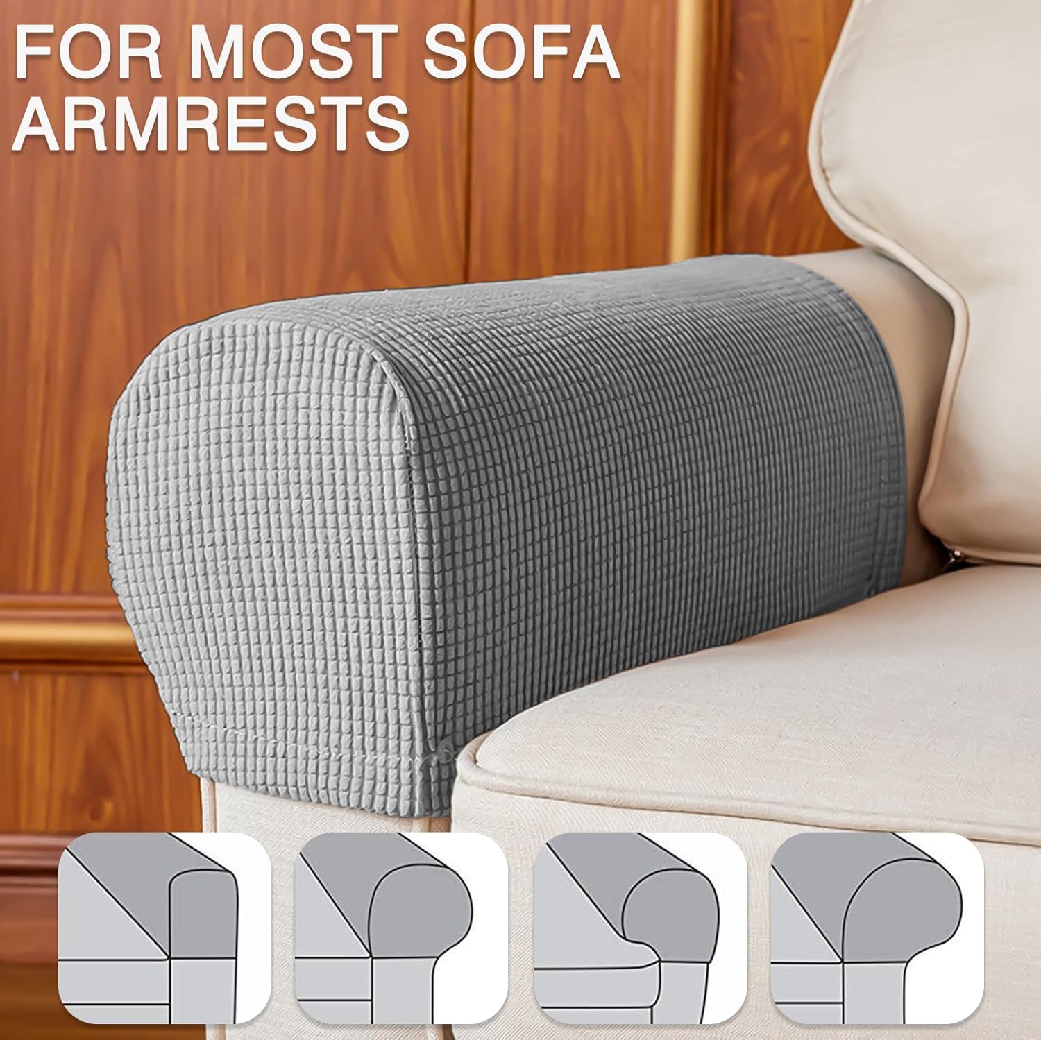 VEGCOO 4 Pcs Armrest Chair Covers, Stretch Arm Rest Covers Soft Polyester Armchair Couch Sofa Arm Caps with Laundry Bag, Non Slip Arm Covers Furniture Protector for Sofa Chair Couch Recliner (Grey)