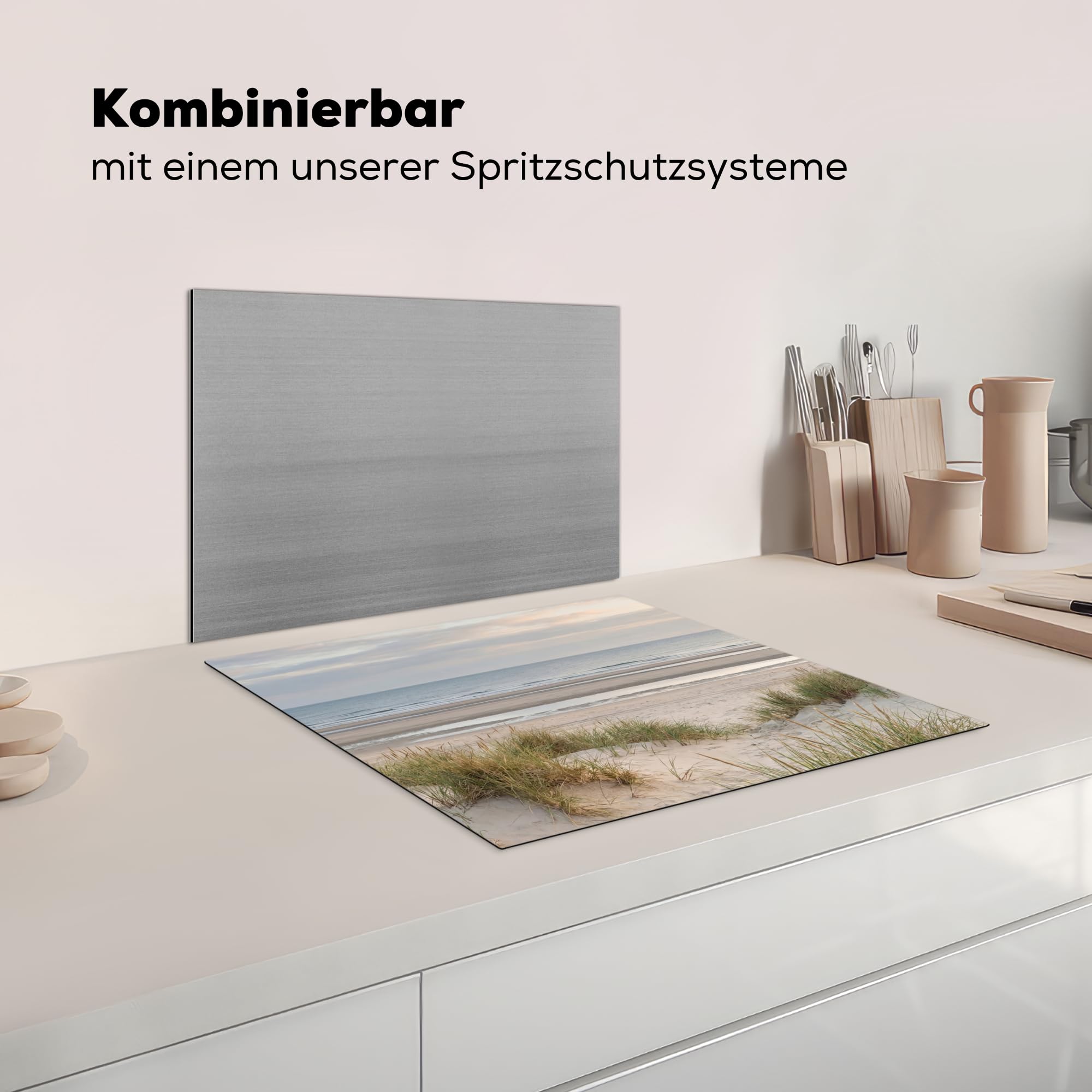 KitchenYeah© Herdabdeckplatte 58x51 cm Einteilig Küche Herdabdeckung Induktionsfeld Ceranfeld Herdabdeckplatten Vinyl Matte Aufrollbar Sandstrand - Bewölkt - Dünen