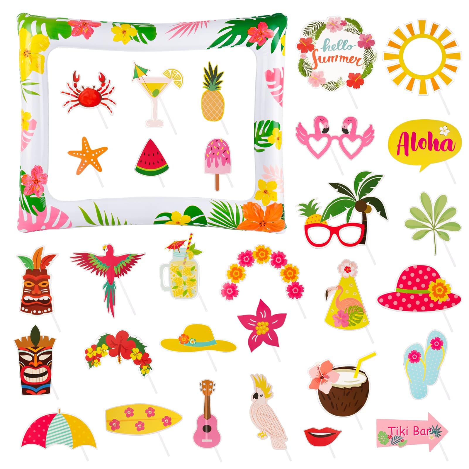Kit Fiesta Hawaiana - 25 Accesorios Photocall + Marco Inflable Para Fotos