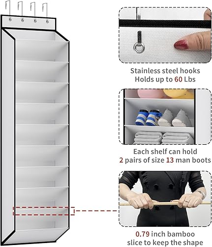 Miniatura 5 de KEEPJOY Organizador de zapatos blanco de 10 niveles sobre la puerta, soporte colgante para zapatos para puerta con grandes bolsillos profundos, se