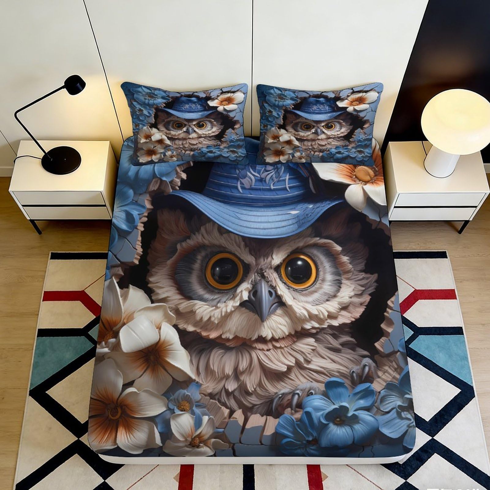 3D Printed Owl Floral Fitted Sheet Microfiber Non-Slip Deep Pocket Owl Mattress Fitted Cover Bedroom Bedding for Adults Teens 140x200x25cm