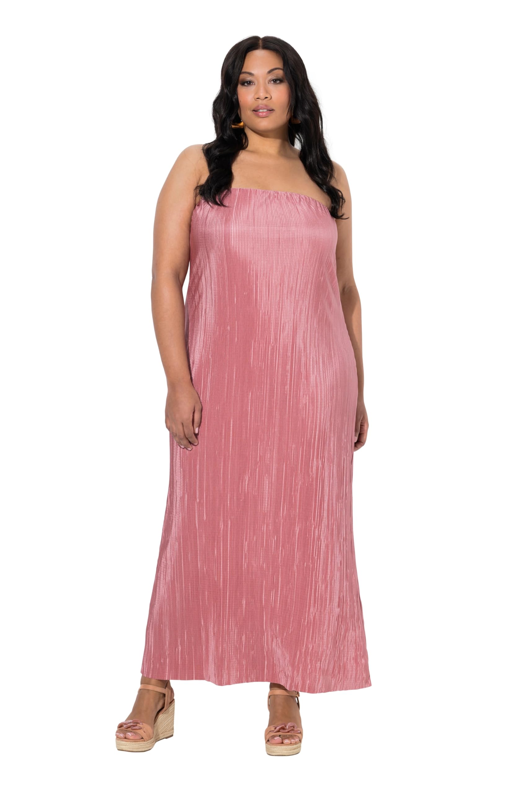 Ulla Popken Damen große Größen Übergrößen Plus Size Plissee-Maxikleid, elastischer Ausschnitt, schulterfrei 849991