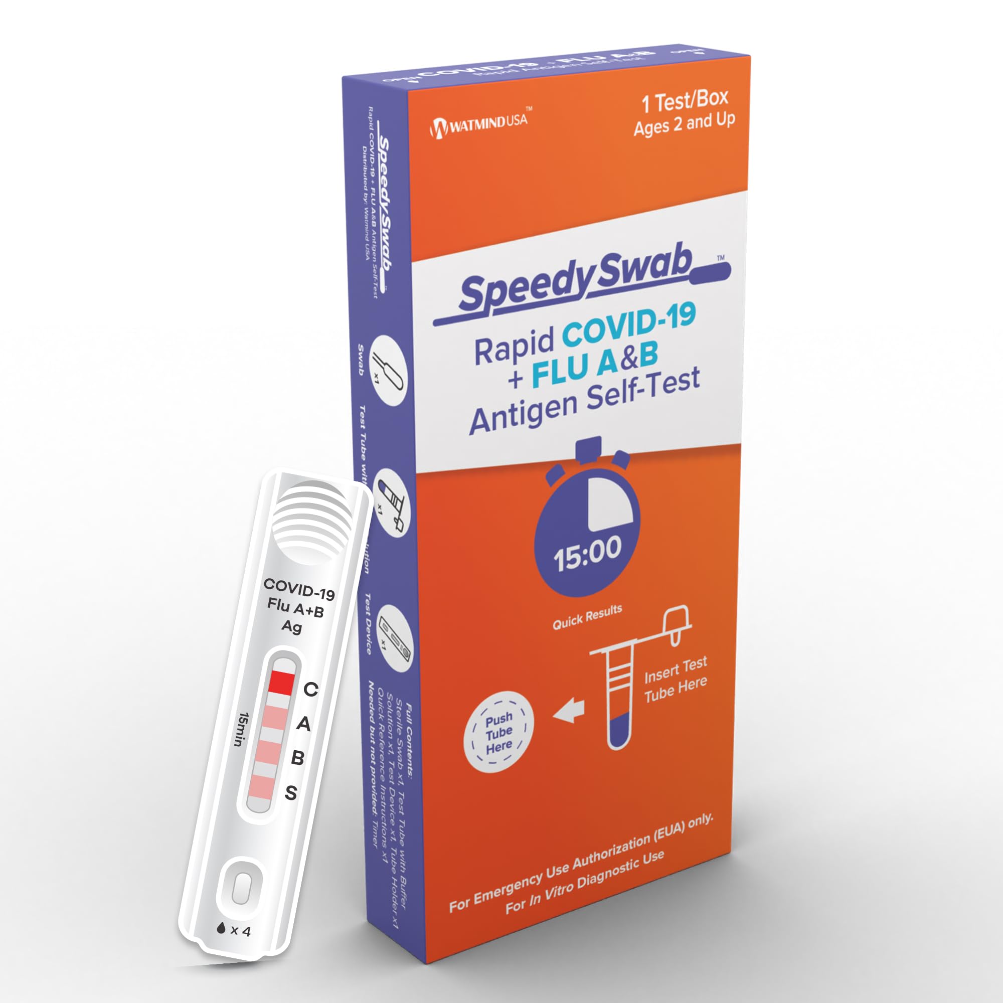 SpeedySwab COVID-19 & Flu A/B Antigen Test (1 Pack, 1 Test), 15-Minute Results, FDA EUA Authorized, At-Home COVID Flu Test Kit, Easy Nasal Swab, Ages 2+, Travel-Friendly, Reliable Dual Detection