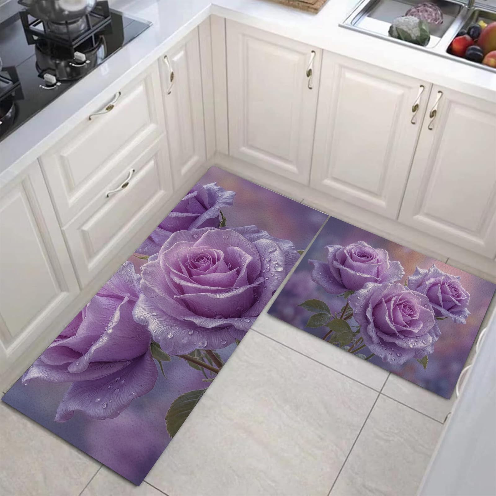 Alfombras cocina lavable antideslizante con patrón rosa púrpura de 50x80 y 50x120cm