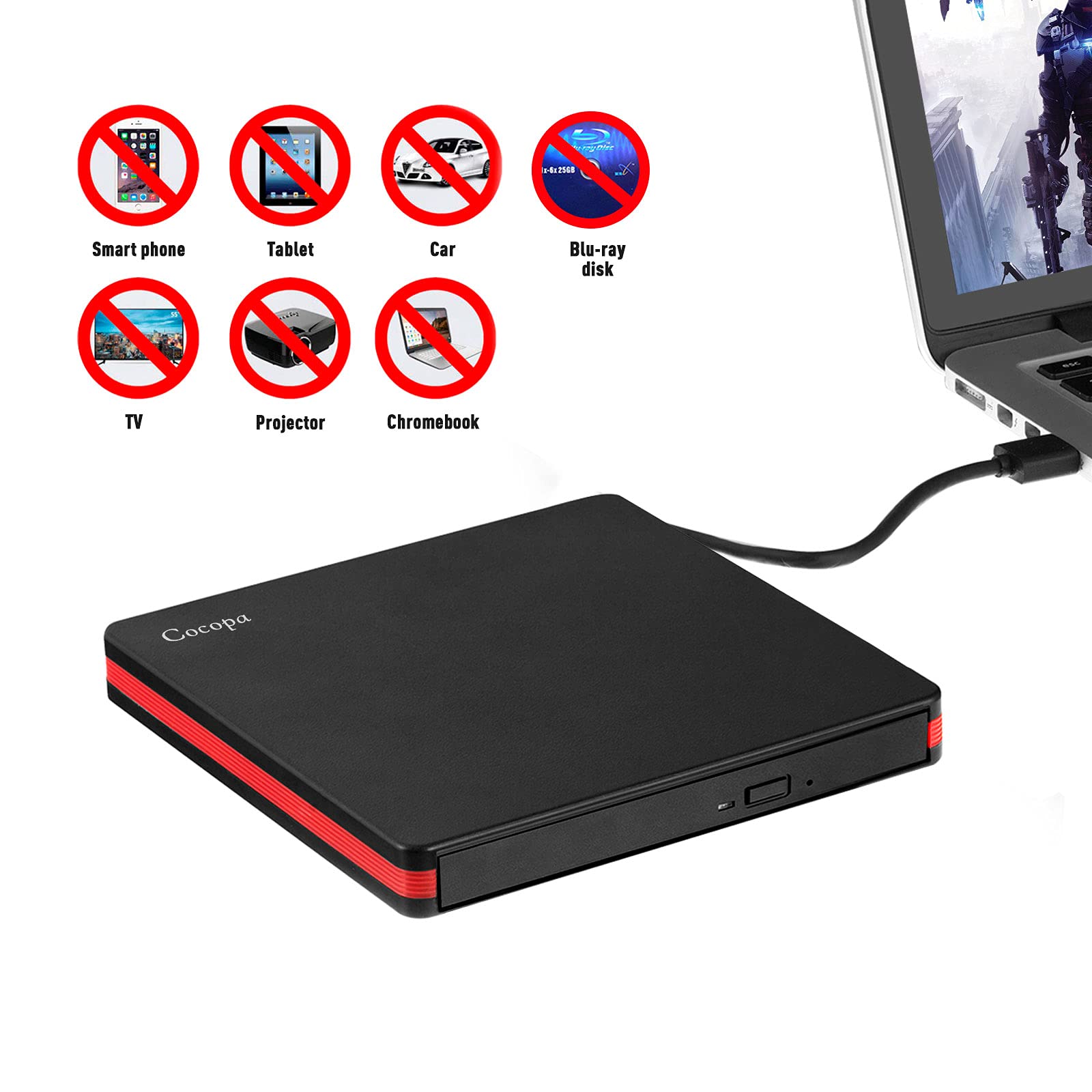 Cocopa Lecteur DVD Externe, USB 3.0 Graveur Enregistreur Portable CD Rom +/-RW Mince Player Transmission Rapide Câble USB Intégrée Win7 10 Mac Os Apple iMac Macbook Laptop PC