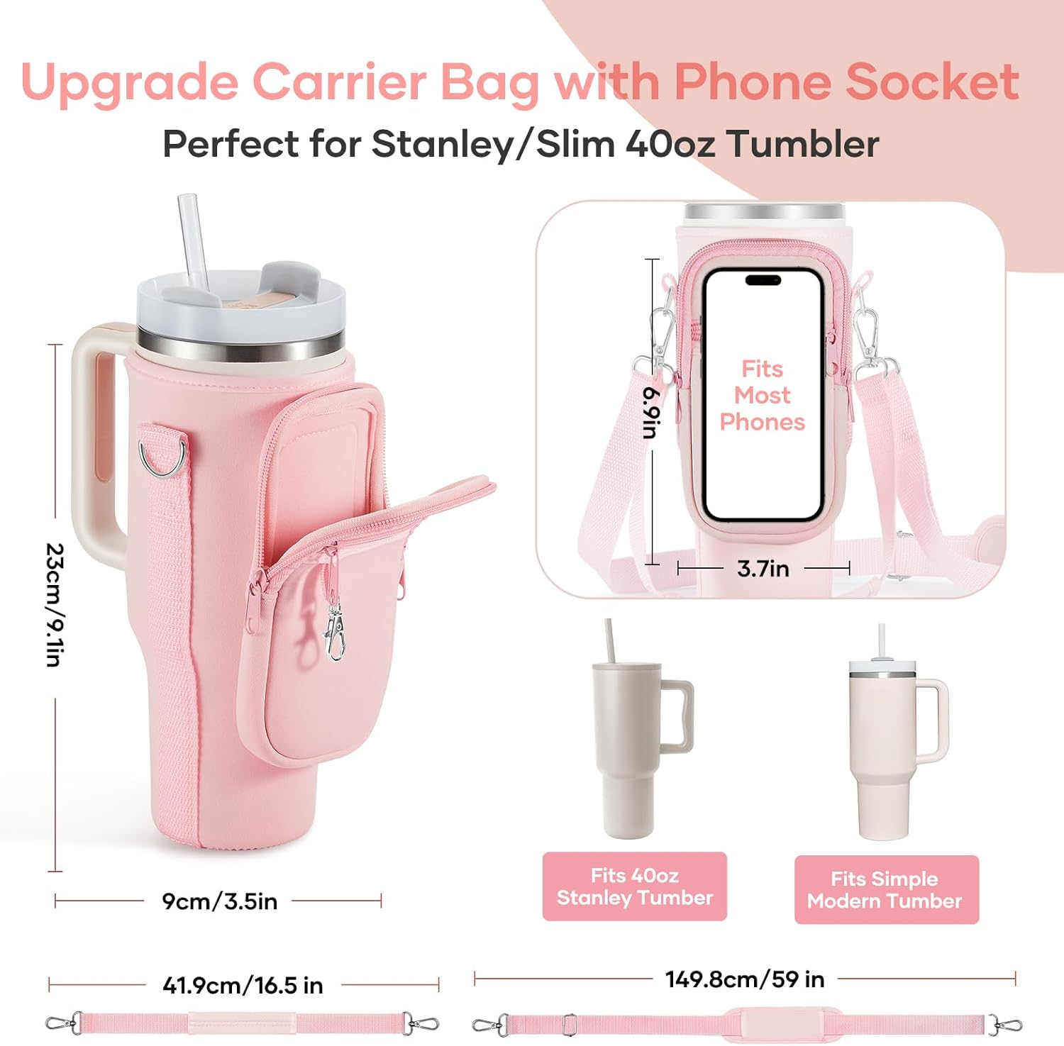 linmaya Carrier Bag with Phone Pocket and 2 Adjustbale Straps for Stanley 40oz Tumbler（Pink+Grey）