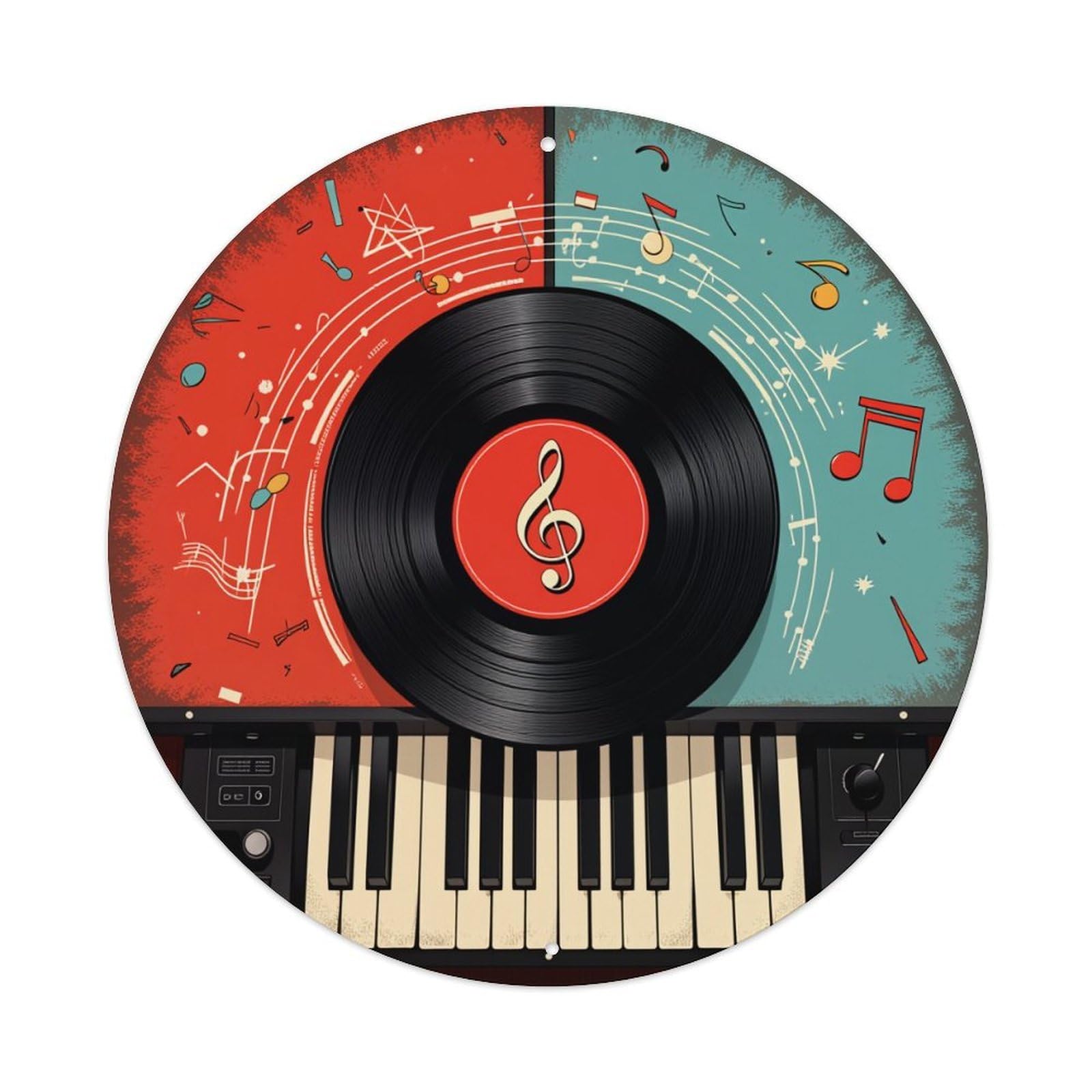 Music Vinyl Record Piano Keys Round Tin Sign Vintage Metal Poster, Home Bar Garage Man Cave Cafe Indoor & Outdoor Wall Decoration 8x8Inches
