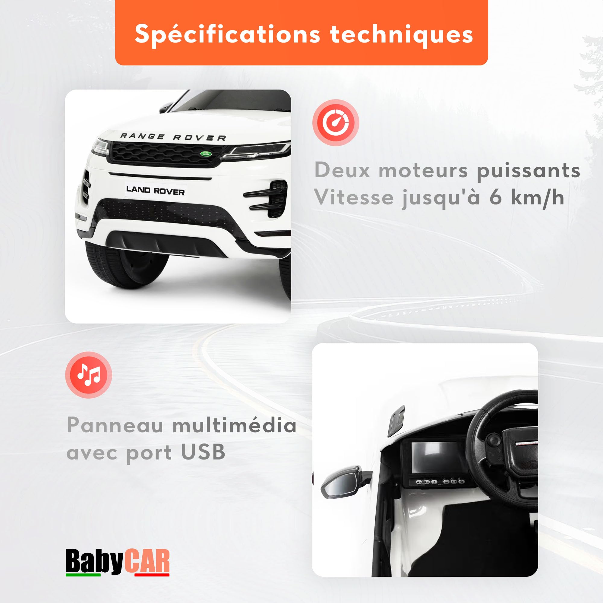 BabyCar Range Rover Evoque | Véhicule Electrique 12V avec 2 Moteurs 35W | Voiture pour Enfant avec Télécommande, Siège en Simili Cuir, Portes Ouvrantes, MP4/USB | Licence Officiel | Blanc