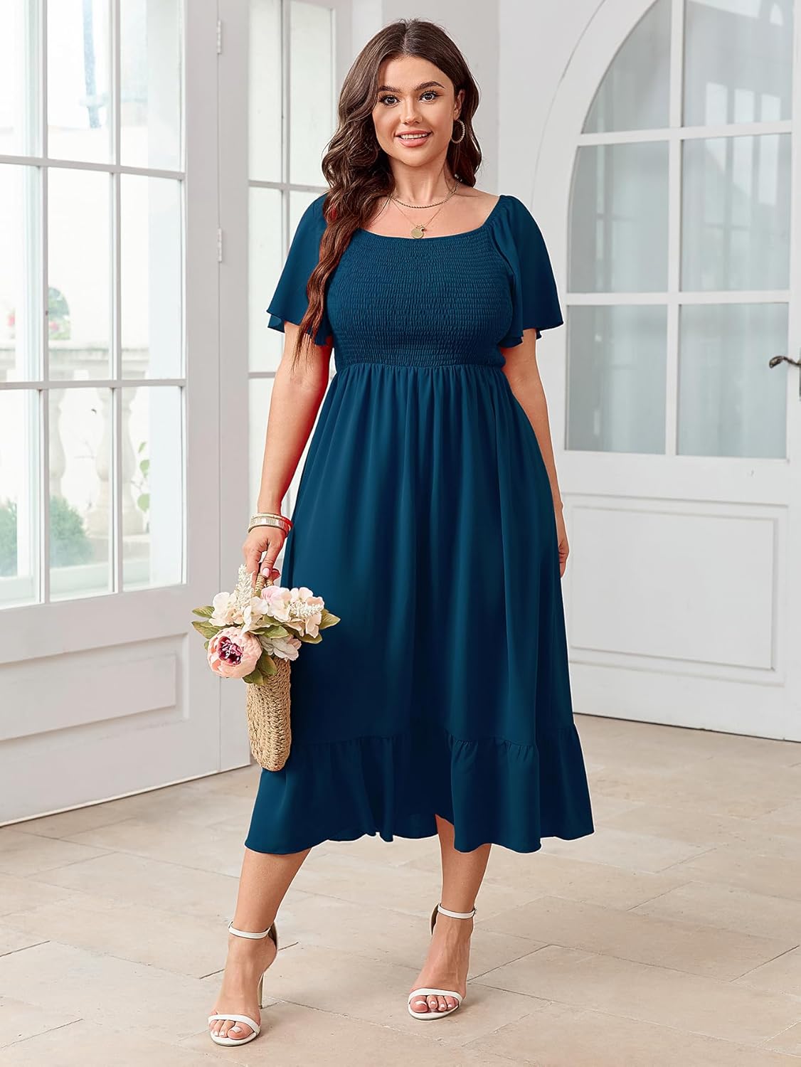 SCOMCHIC Women's Plus Size Summer Dress Casual Short Sleeve Scoop Neck Maxi Dress Smocked Ruffle Boho Flowy Long Dresses - Image 5