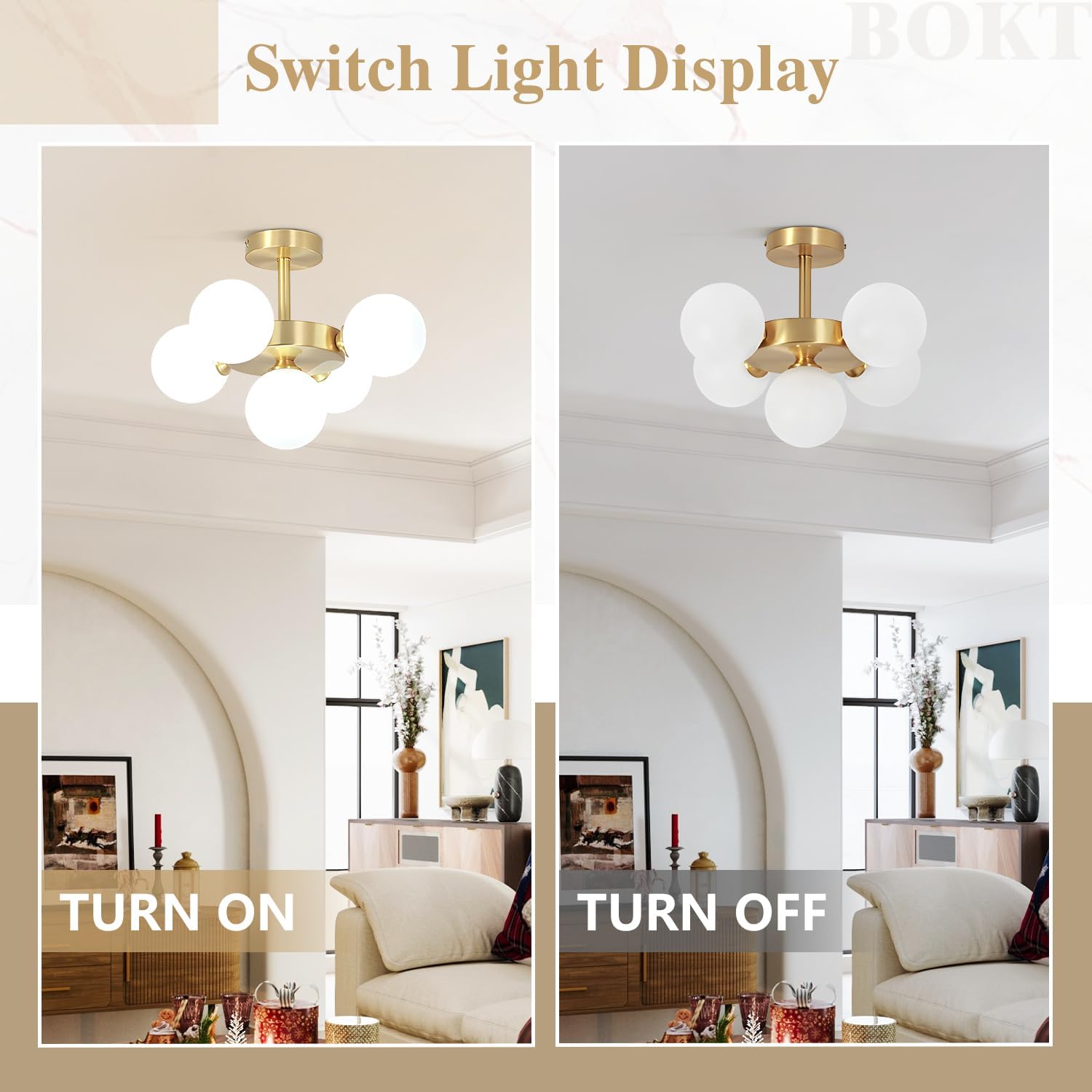 BOKT Sputnik Semi Flush Mount Ceiling Light Brushed Brass Ceiling Light with Milk Glass Shade 5-Light Globe Ball Sputnik Chandelier Dining Room Light Fixture