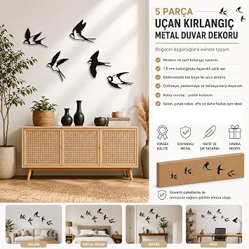 5 Parça Uçan Kırlangıç Metal Duvar Dekoru – Modern Kuş Figürlü Duvar Süsü, 1,5 mm Çelik Sac, Elektrostatik Toz Boyalı Metal Tablo, Salon Yatak Odası Ofis Dekorasyonu (siyah, 22x15)