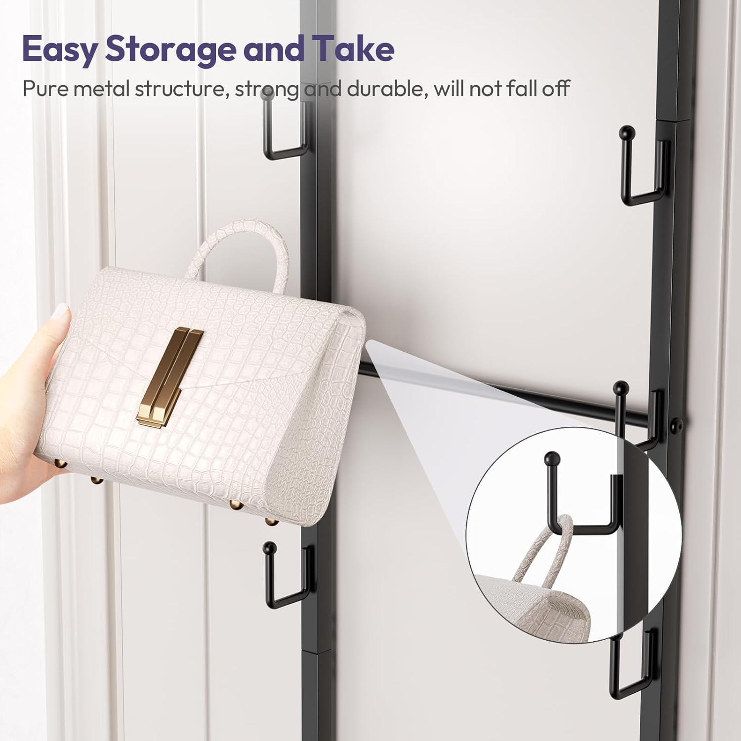 SWTYMIKI Over The Door Purse Organizer - Wall Mounted Handbag Organizer with 16 Hooks and Metal Basket, Hanging Purse Storage Rack Holds up to 16 Bags, Bag Rack Can Use As 1/2 Part, for Door, Closet - Image 8