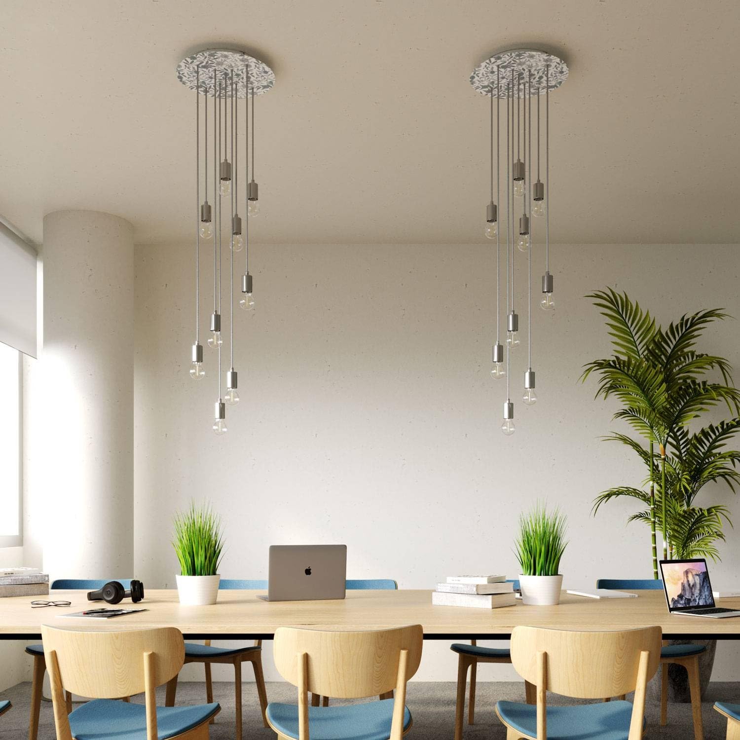 creative cables Rosone XXL rotondo bianco linea Rose-One (serracavo conico, dibond antracite, 9 fori a X e 4 fori laterali) – Per lampadari e sospensioni multiple