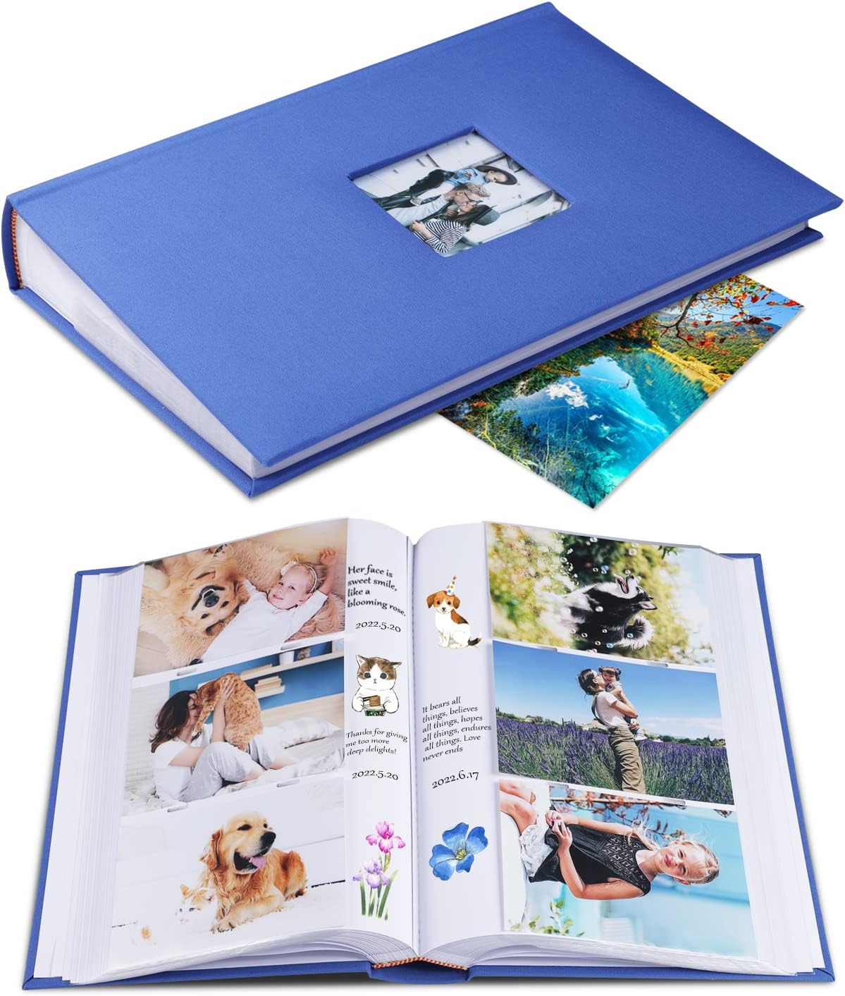Photo Album 4x6 Hold 402 Photos with Memo Slip-in Pockets Photo Book, Linen Cover Picture Photo Albums with Writing Space for Wedding Family Baby Vacation Mother's Day Blue