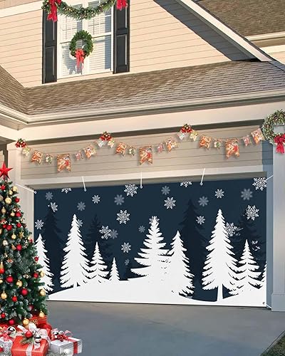 Miniatura 7 de Pancarta de Navidad para puerta de garaje, 7 x 16 pies, árbol de Navidad brillante, copo de nieve, rojo y blanco, decoración de puerta de garaje de