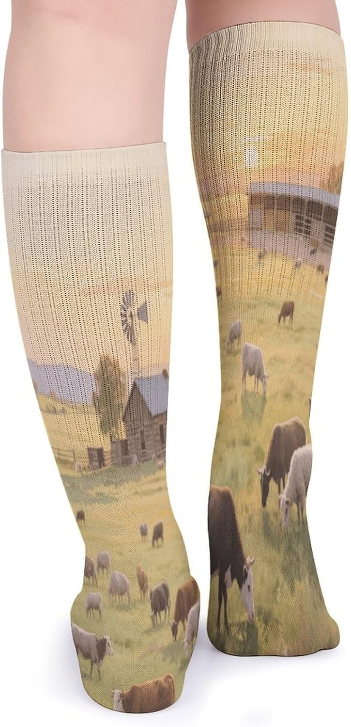 Cowboy Ranch Scenery Crew Socks High Stocking Thermal Socks | Tube Socks-Breathable-Moisture-Soft-wicking for Hospital Pilates Yoga for women men Grippy for office and daily walking