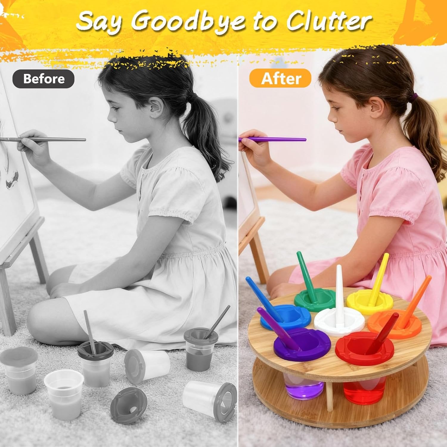 Paint Cups with Lids for Kids, 7pcs Spill Proof Painting Cups with Rotating Holder Toddler Paints Brushes No Spill Paint Cups with Kids Art Smock Paint Containers Art Supplies for Classrooms - Image 5