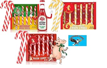 Mac & Cheese, Bacon & Ketchup 18ct Christmas Candy Canes Funny Savory Holiday Candy, Novelty Gag Gift, Weird Flavor Stocking Stuffers