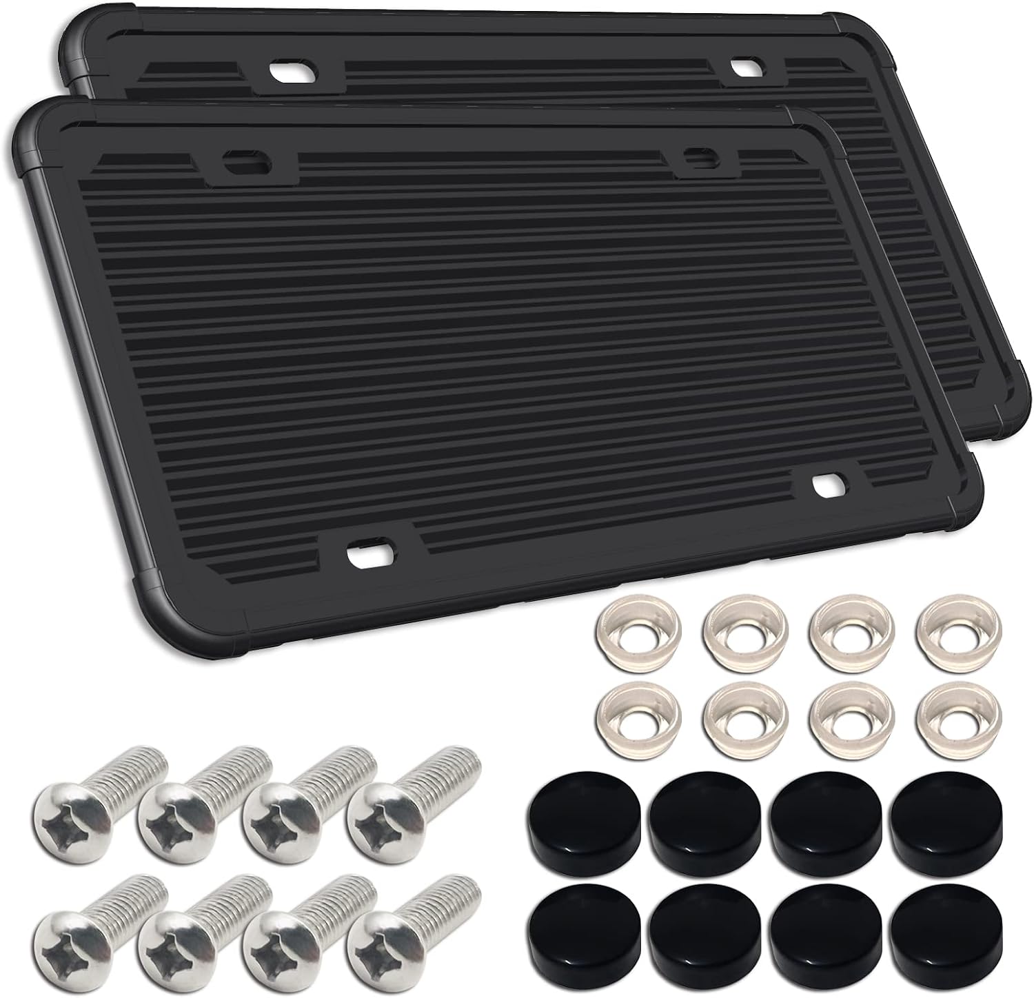 2 Pack Silicone License Plate Frames - Black License Plate Holder, Car Front & Rear License Plate Frame Tag Cover, Rust-Proof, Rattle-Proof, Weather-Proof with Stainless Steel License Screws, Caps