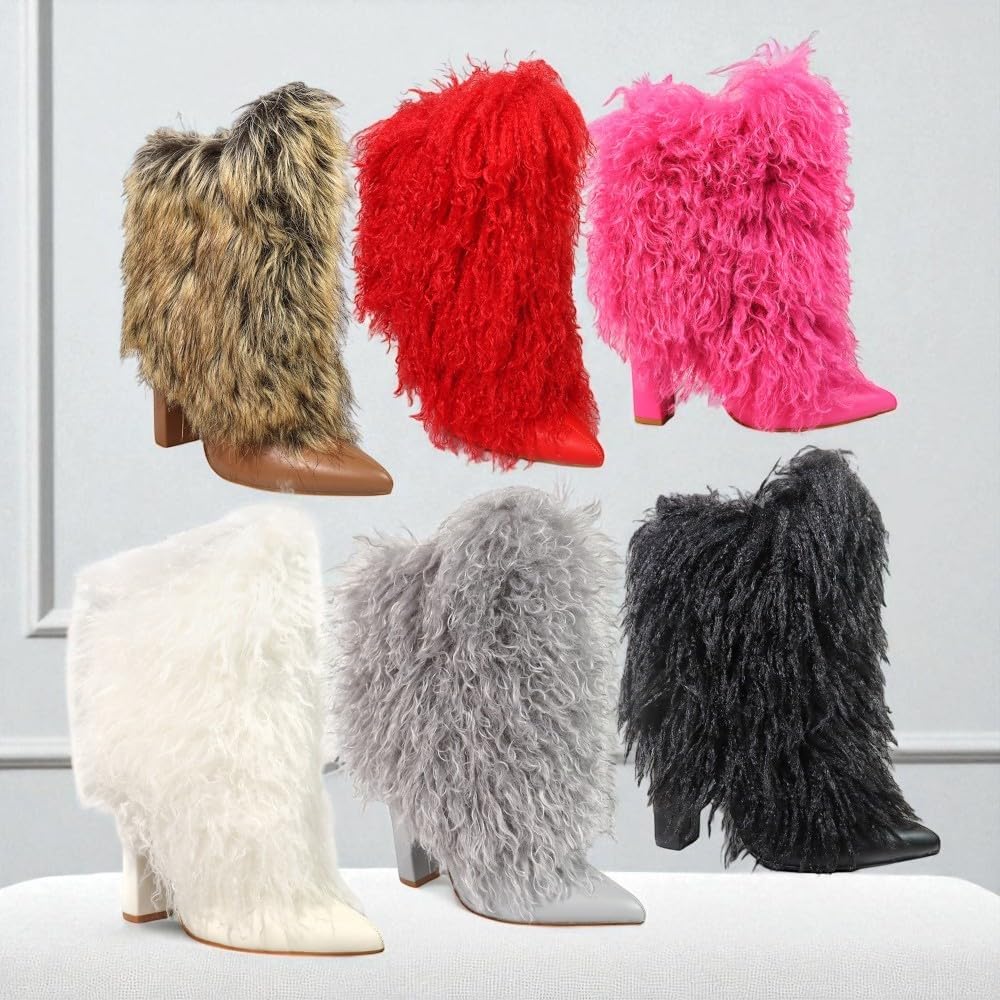 Women Mid Calf Faux Fur Chunky Block Heel Ankle Boots With Full Side Zipper