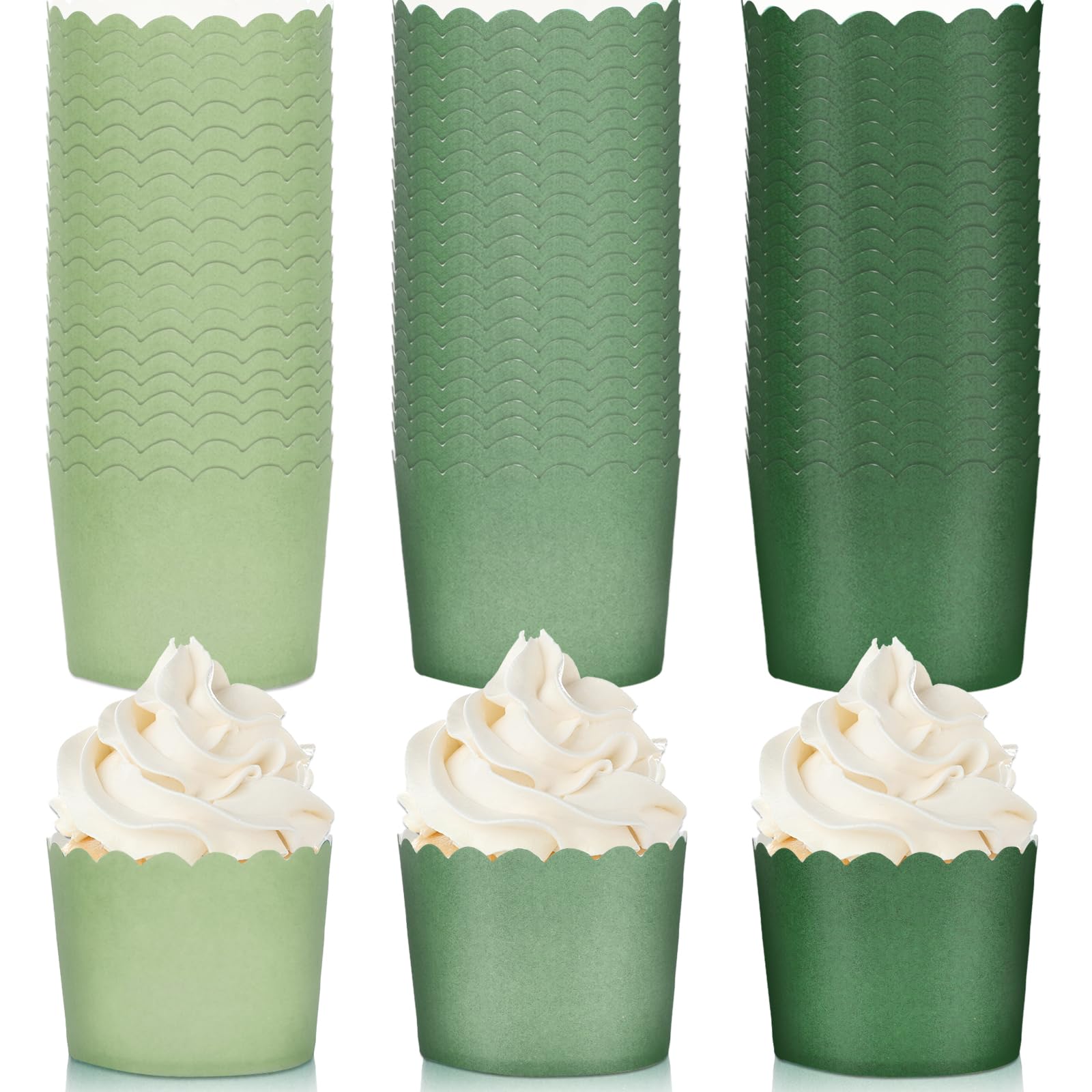 Whaline 120Pcs Sage Green Paper Baking Cups Scalloped Edge Cupcake Wrappers Gradient Green Cupcake Muffin Cases for Wedding Birthday Baby Shower, 3 Colors