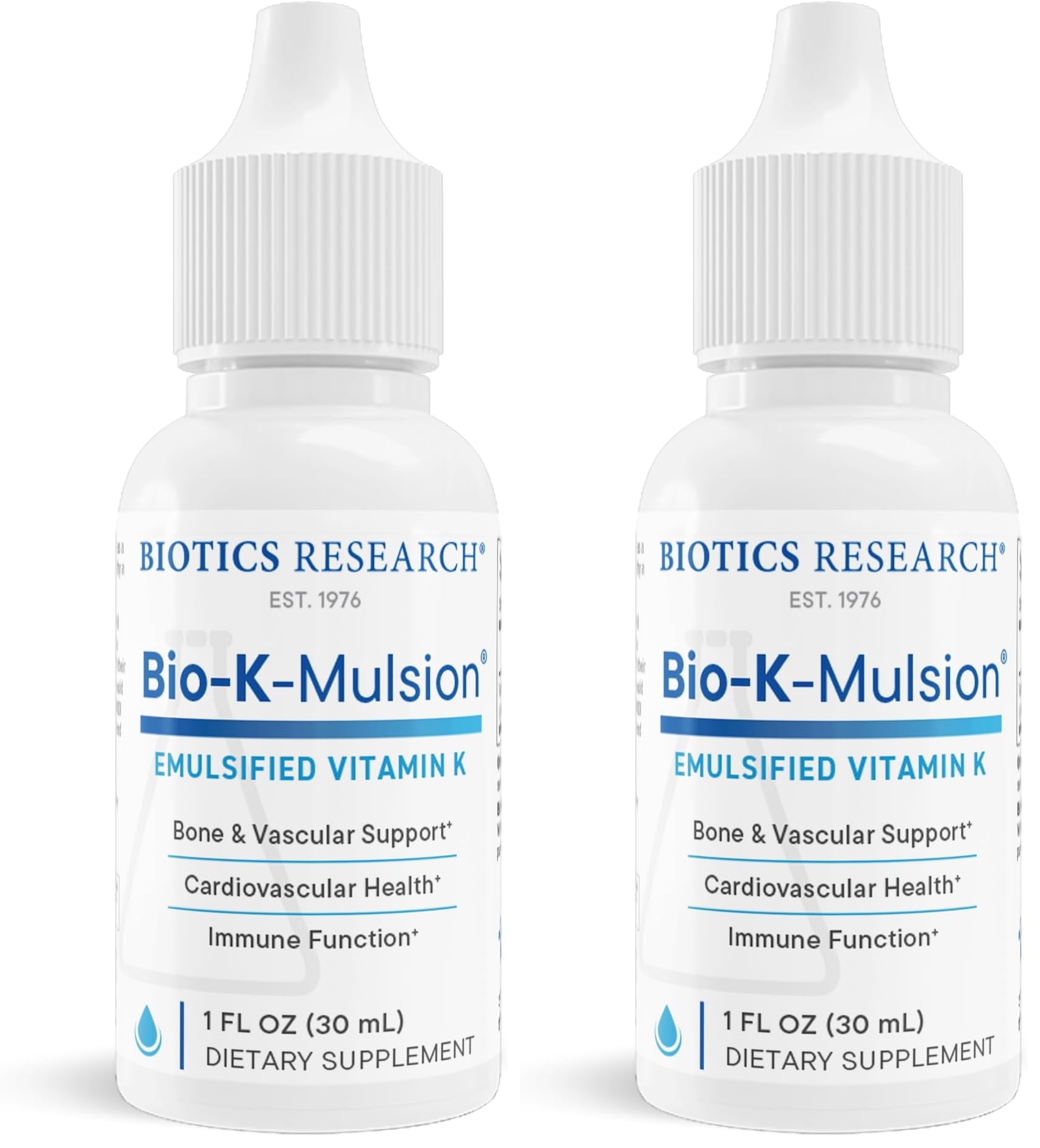 BIOTICS RESEARCH Bio K Mulsion Liquid Vitamin K Drops - 500 mcg/S - Vitamin K1 phytonadione for Adults - VIT K Supplement - Strong Bones, Heart Health, Blood Clotting Support, 1 fl oz (Pack of 2)