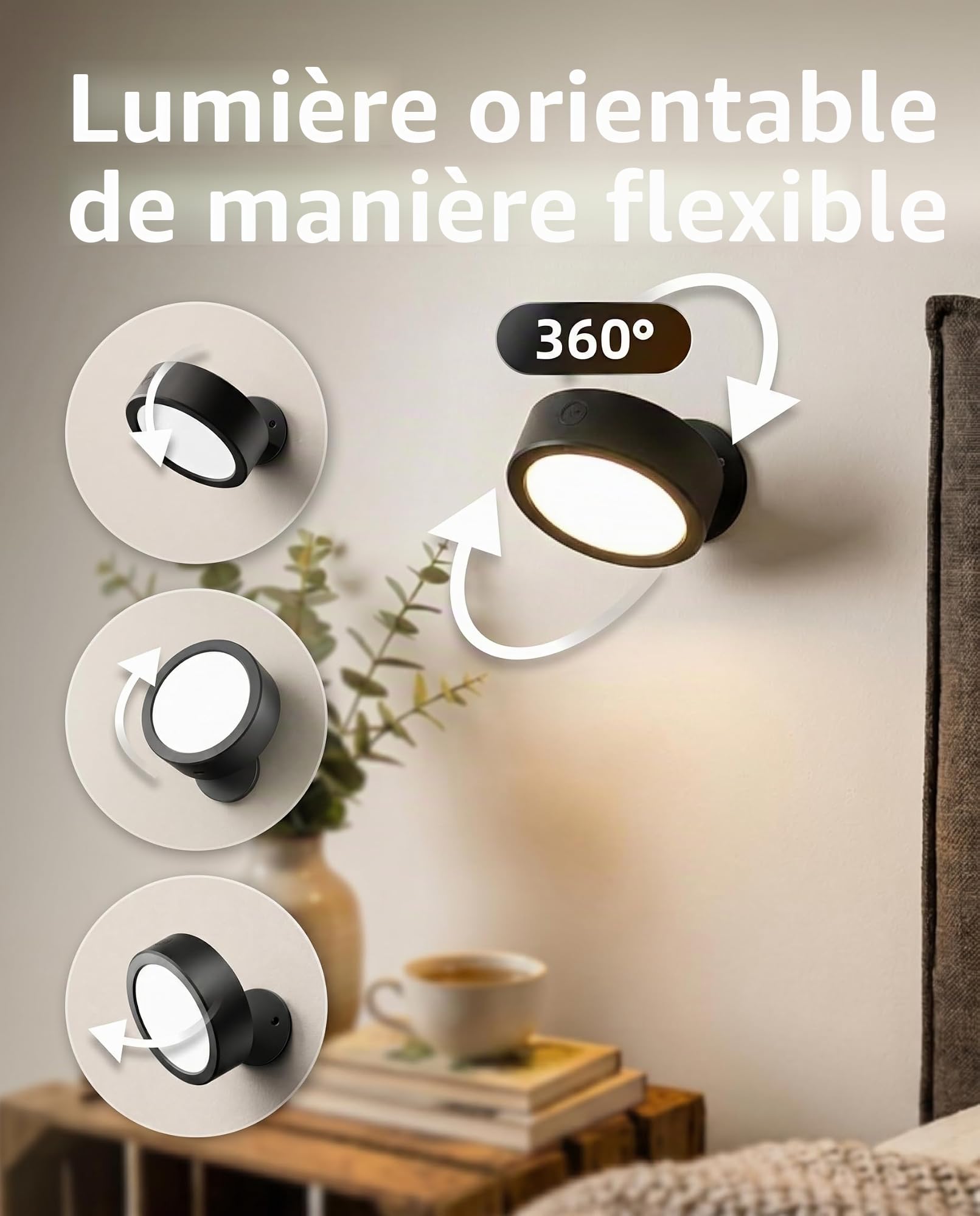 EZVALO Applique Murale Sans Fil Intérieure Rechargeable,5500mAh,LED à Intensité Réglable,3Températures de Couleur,Rotation à 360° et Commande Tactile pour Salon,Chambre,Chevet,Couloir, Noir (2 Pièces)