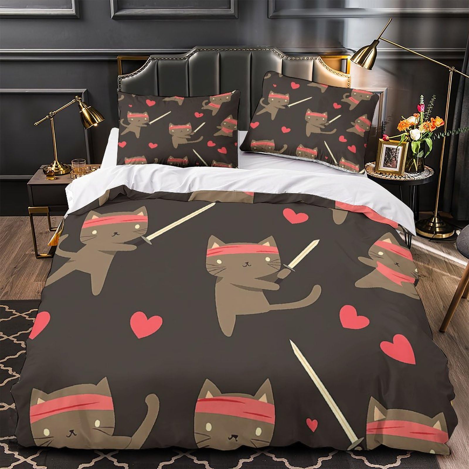 Housse de couette chat ninja 3D microfibre 135x200cm avec 2 taies pour lit simple enfant