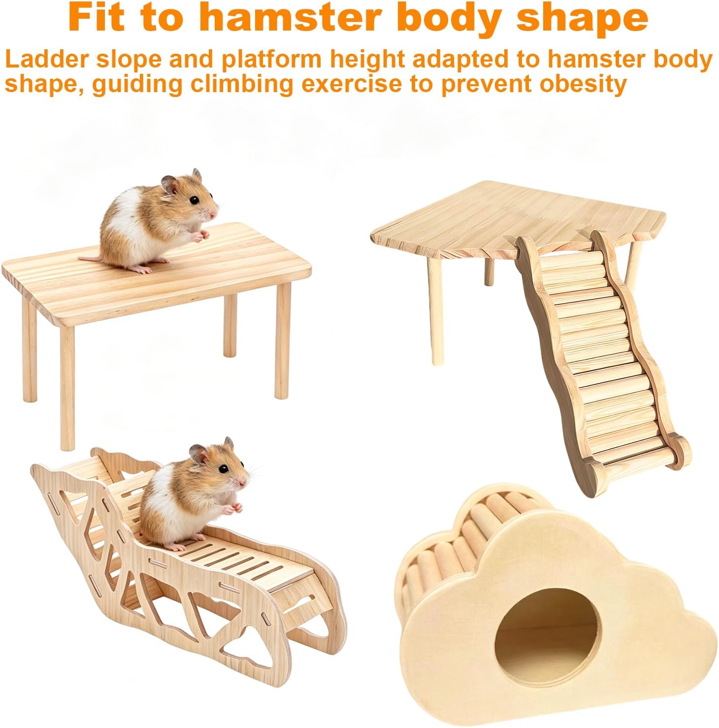 5PC Hamster Platform Wooden Tunnel Ladder Hidden Play House Hamster Game Climbing Toy with Platform, Chew Toy for Syrian Dwarf Hamsters Gerbils Small Pets Cage Accessories Natural Wood Habitat Decor