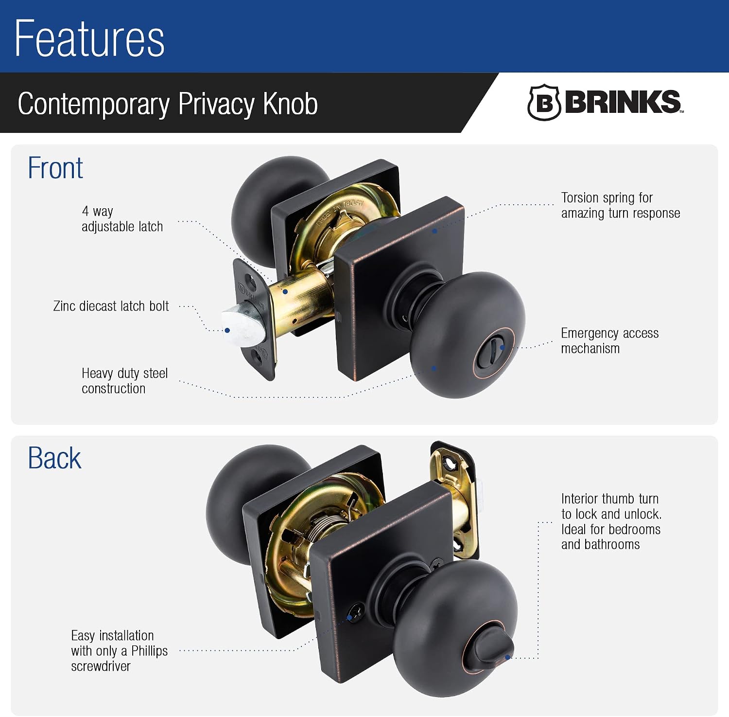 BRINKS Contemporary Privacy Ball Door Knob, Modern Lock Set, Interior Door Knobs for Sleek Home Decor - Tuscan Bronze